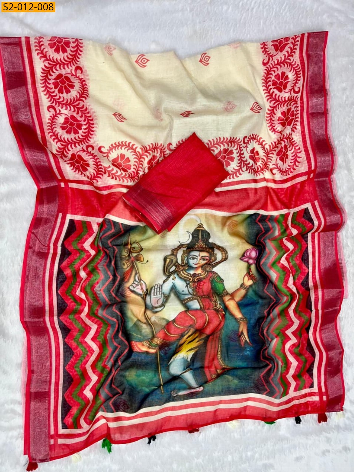 Half White with Red Soft linen cotton saree