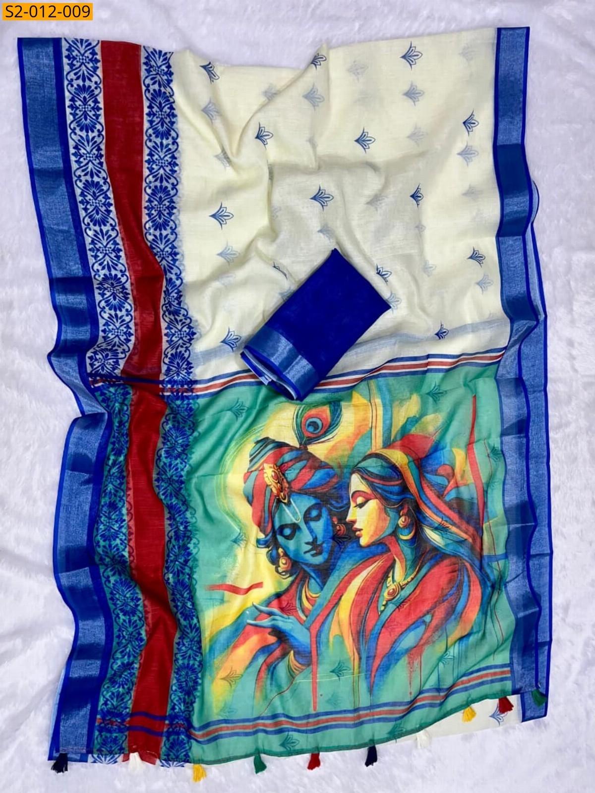 Half White with Blue Soft linen cotton saree