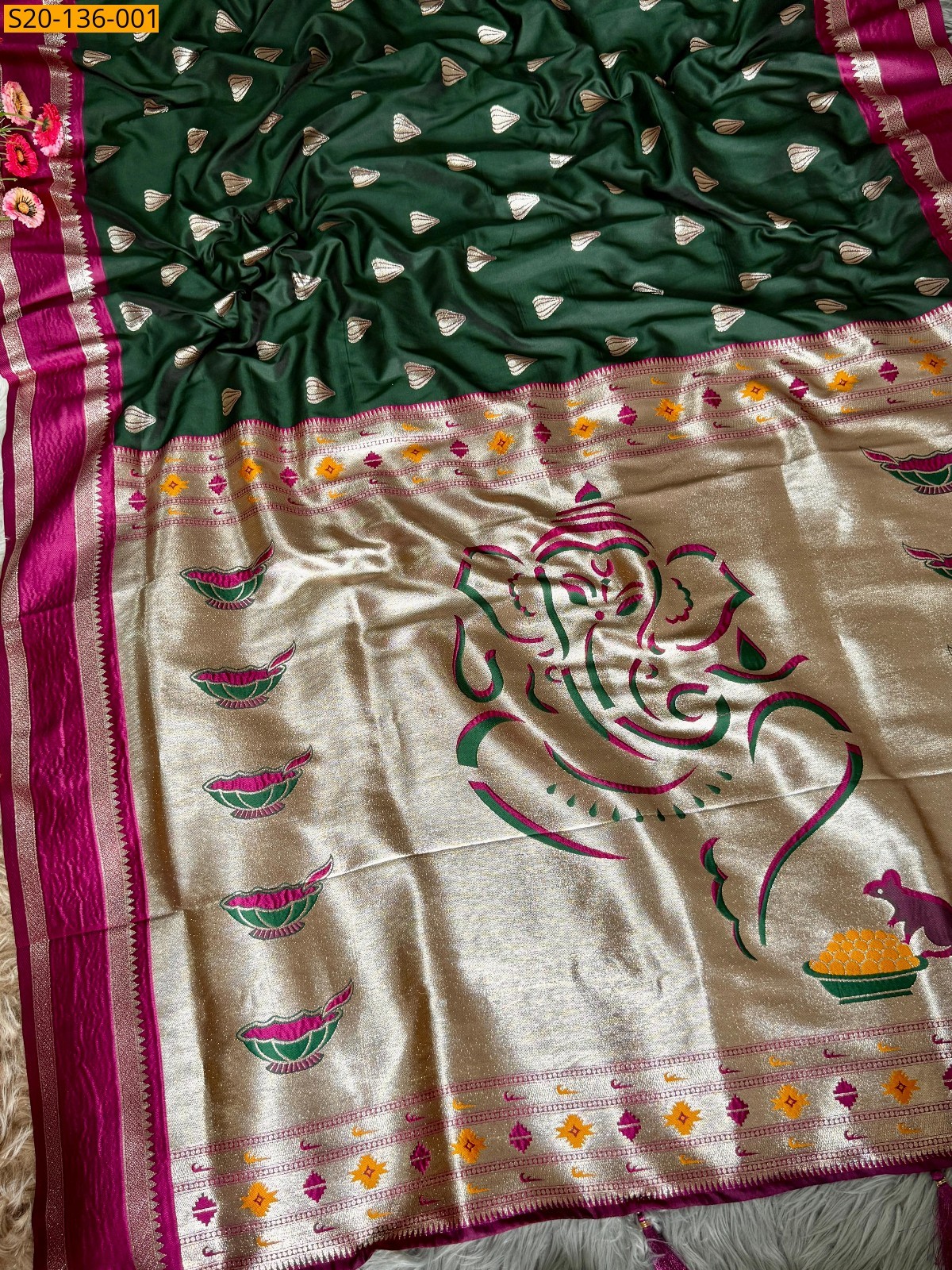 Green Soft silk dual tone  paithani sarees