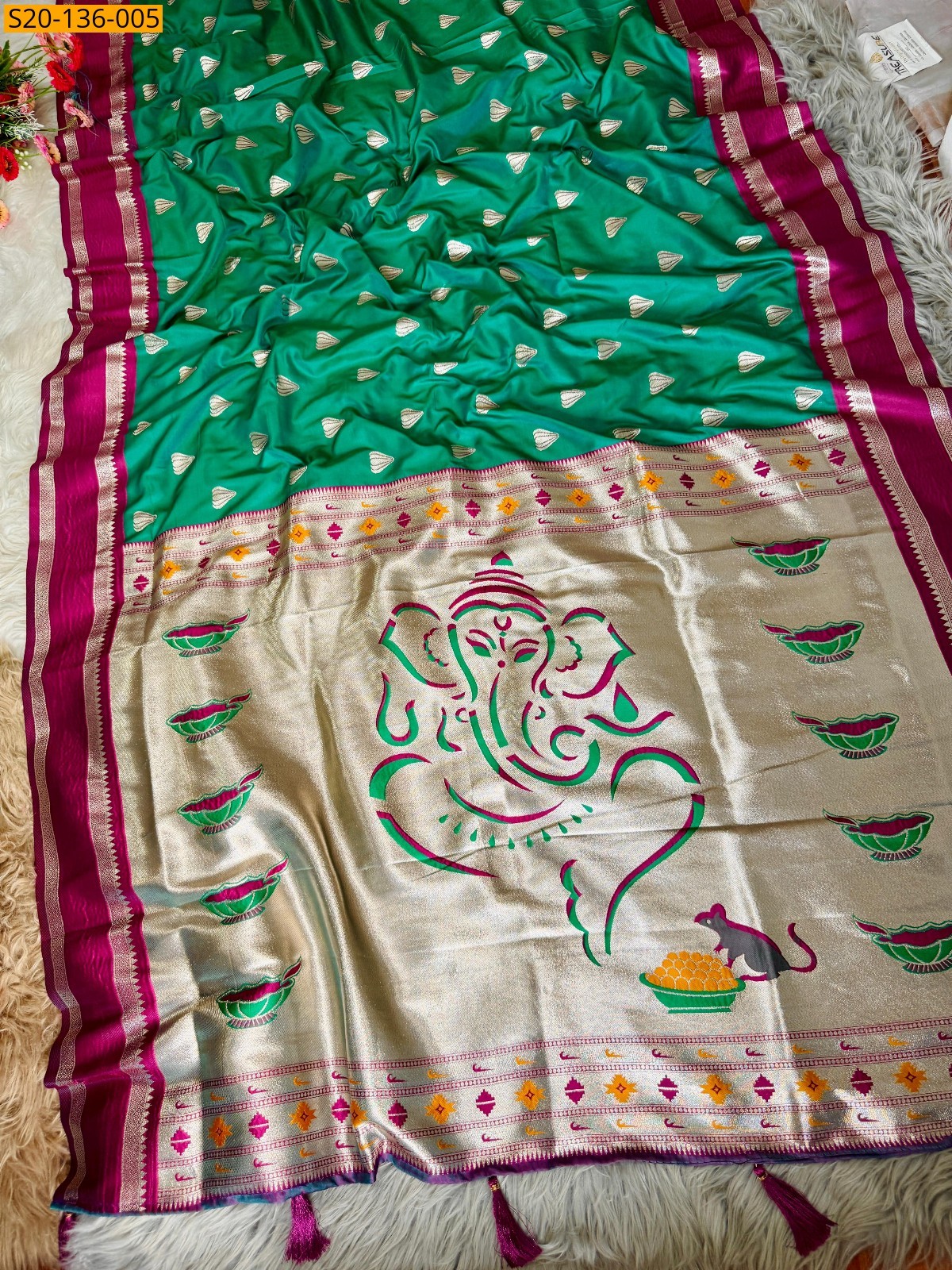 Green Soft silk dual tone  paithani sarees