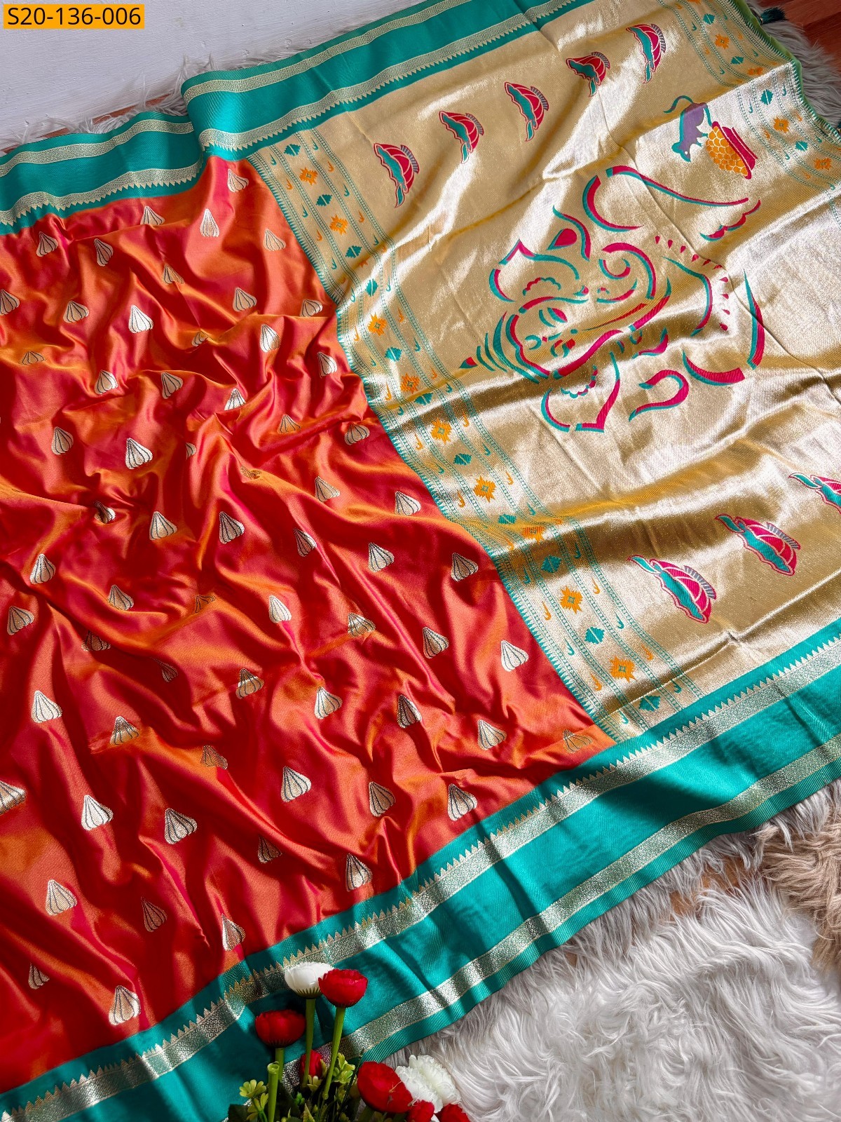 Orange Soft silk dual tone  paithani sarees