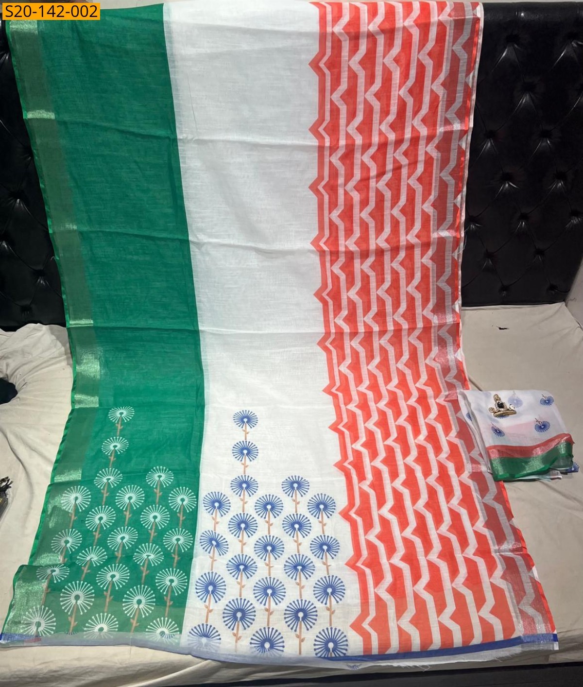 White Cotton linen tiranga  saree