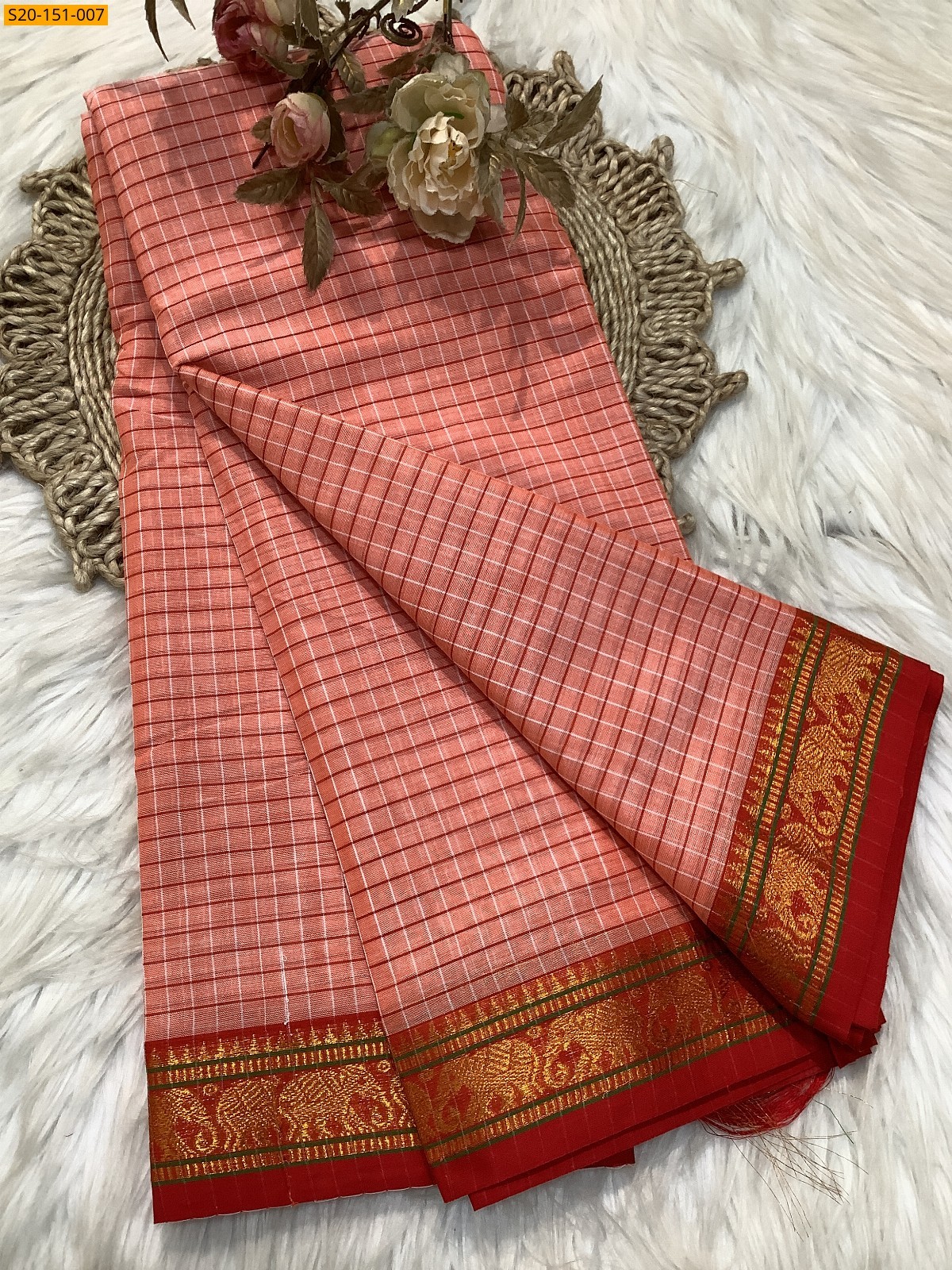 Peach Traditional narayanpet drapes saree