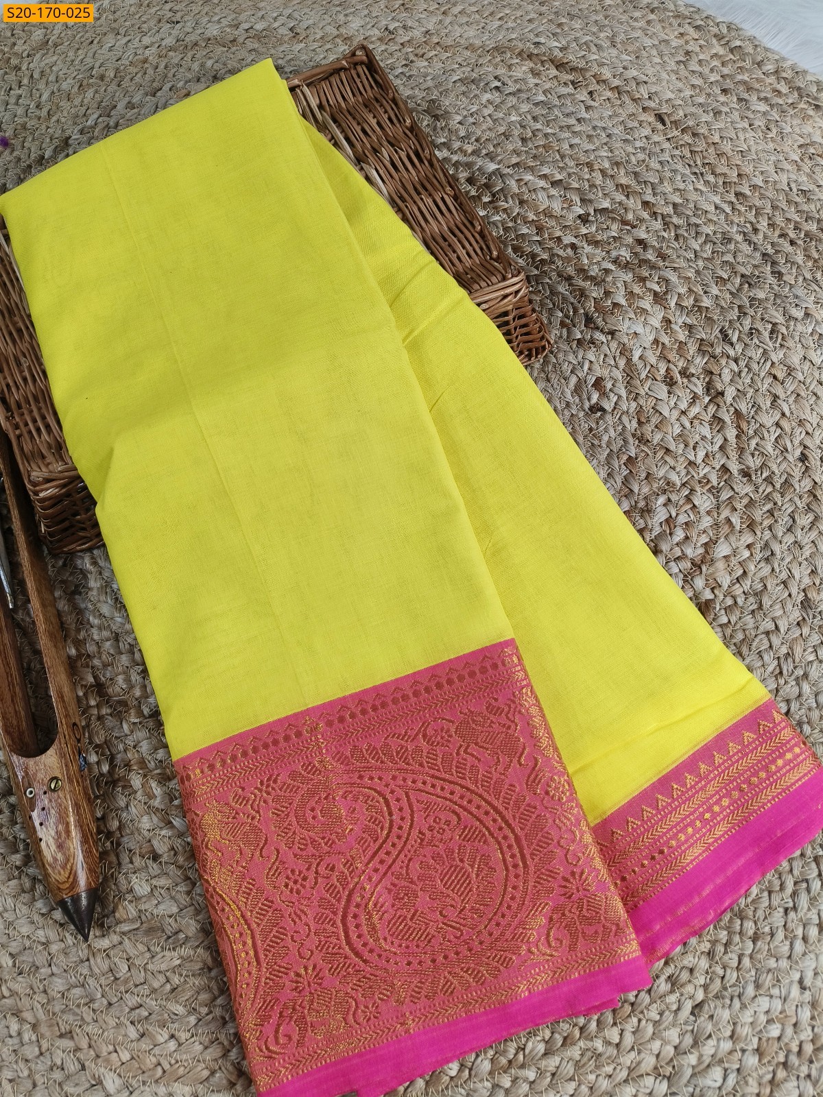 Lemon Yellow Narayanpet mercerized cotton saree