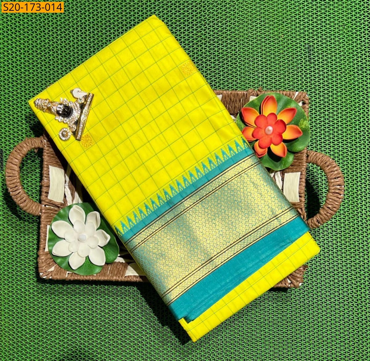 Lemon Yellow Kovilpattu checks cotton silk Sarees