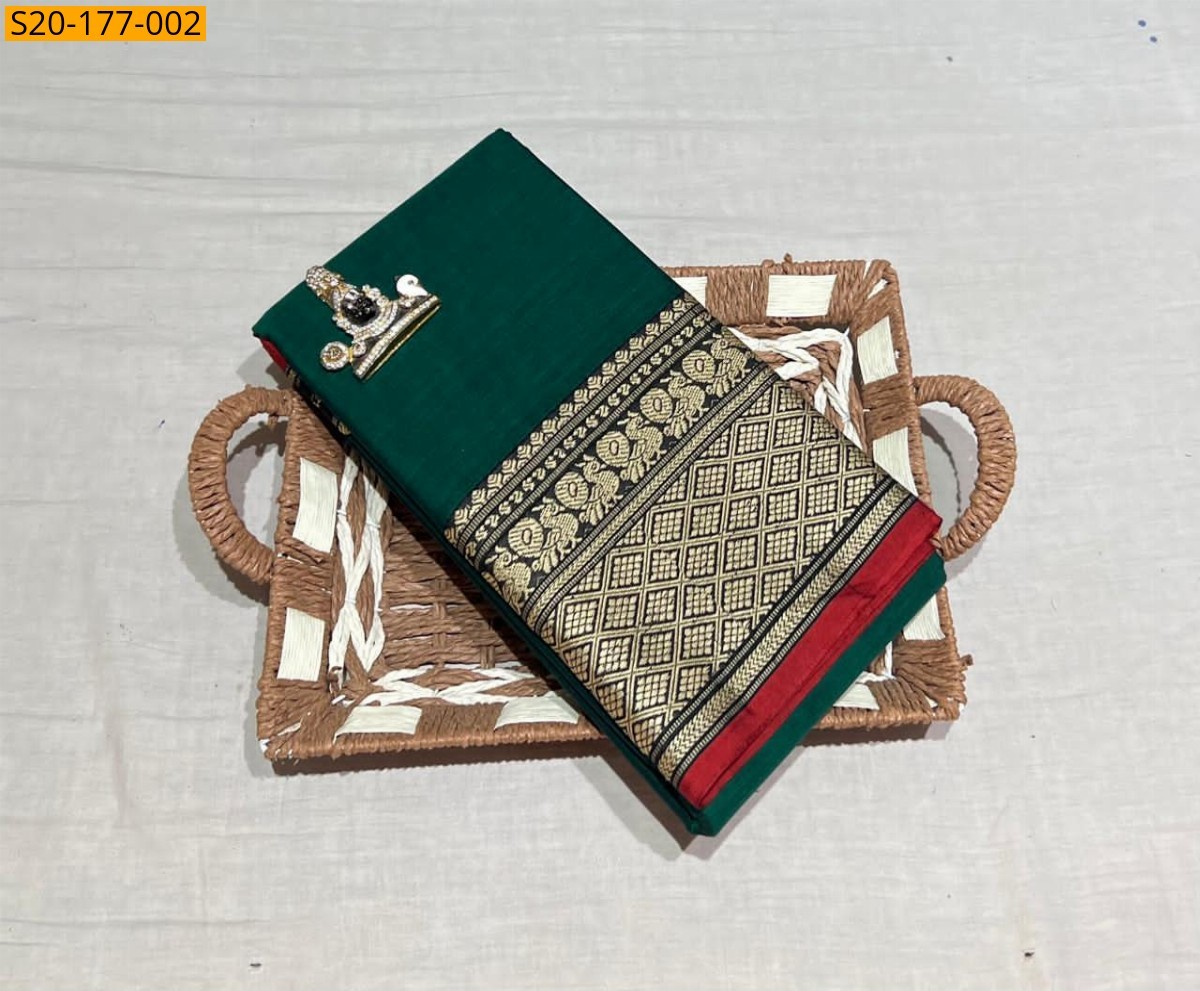 Pure Handwooven Narayanpeth Border Saree - Dark Green