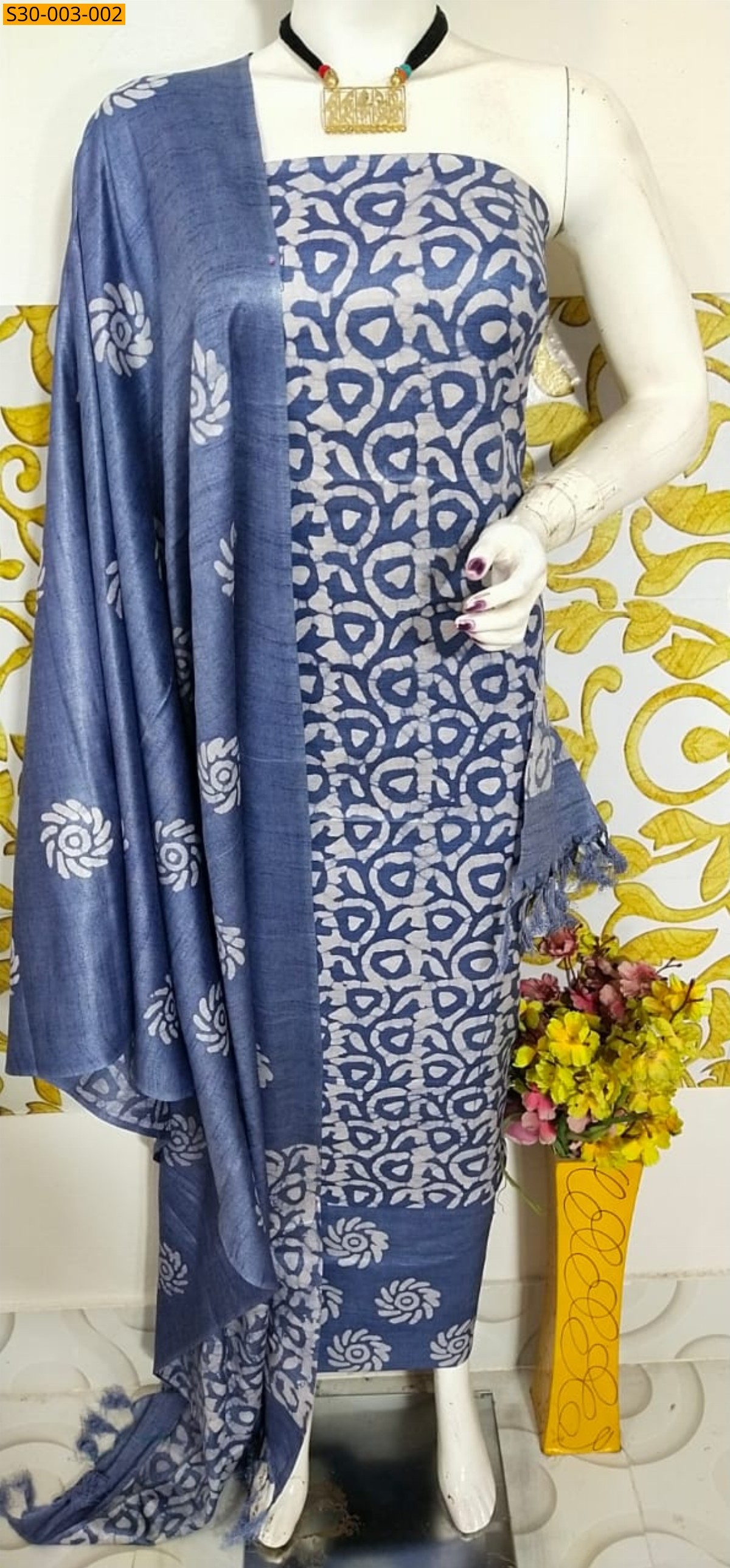 Blue Dupion Slub Batik Printed Suit  