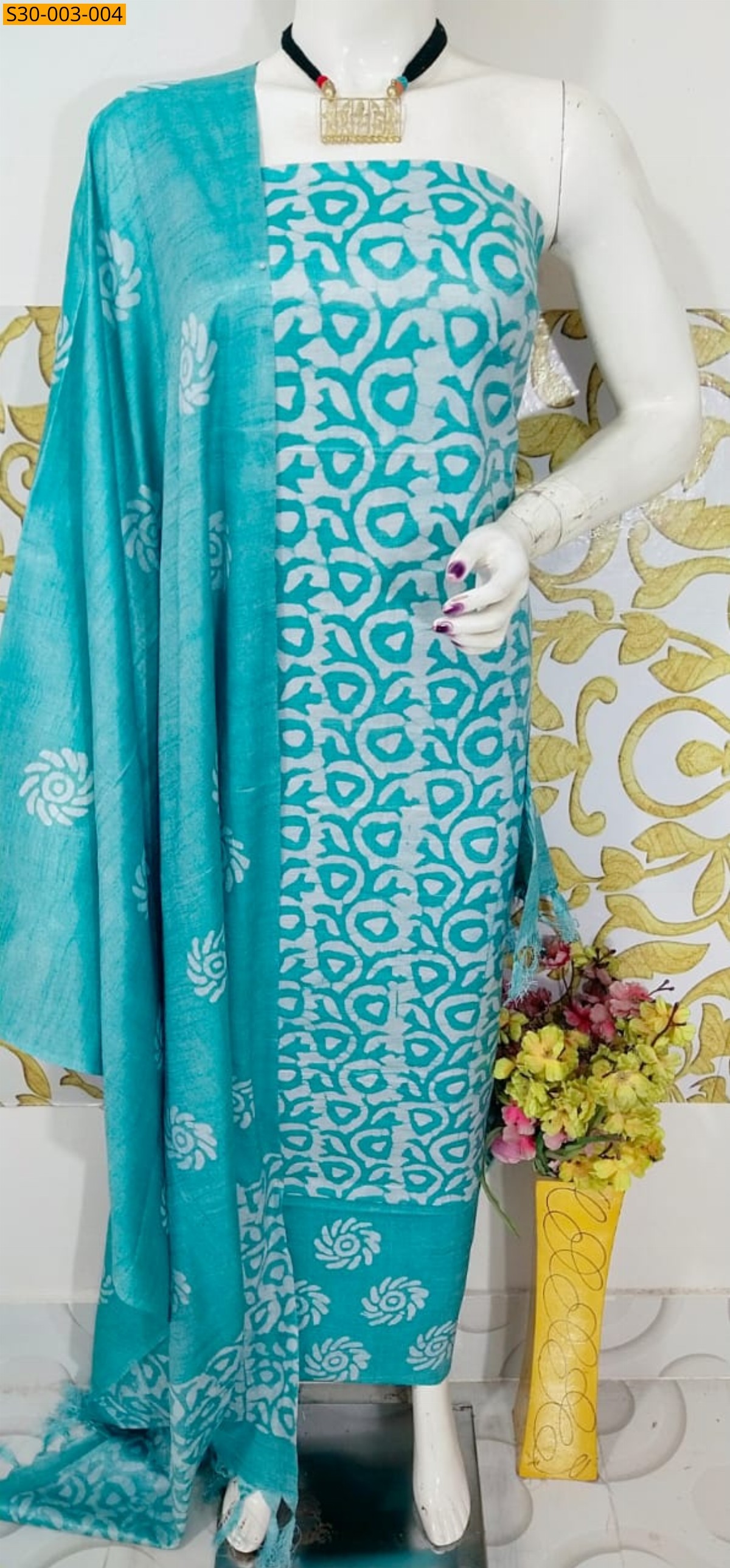 Blue Dupion Slub Batik Printed Suit  