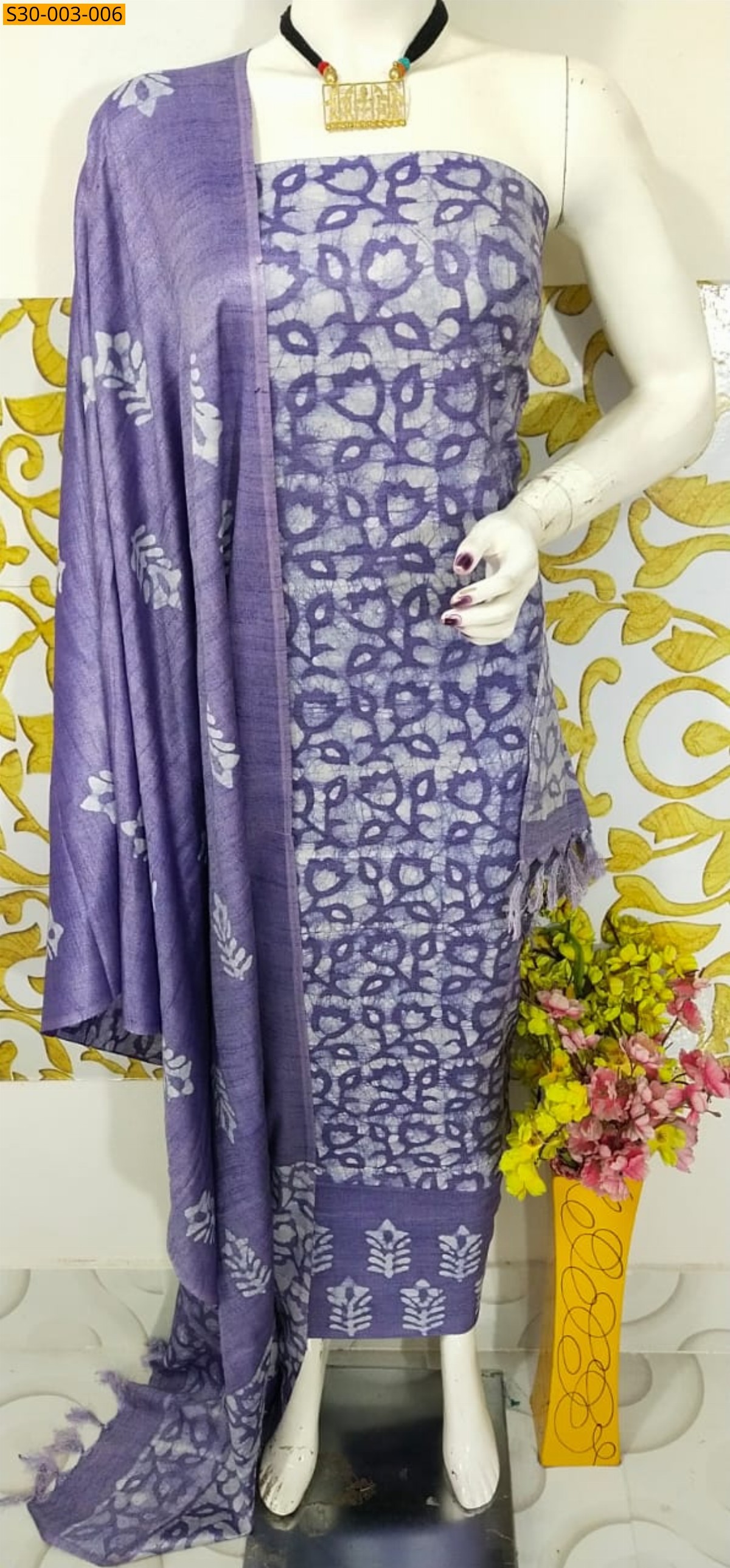 Lavender Dupion Slub Batik Printed Suit  