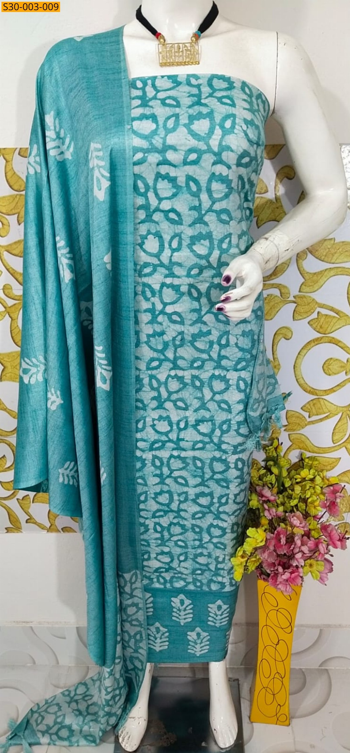 Blue Dupion Slub Batik Printed Suit  