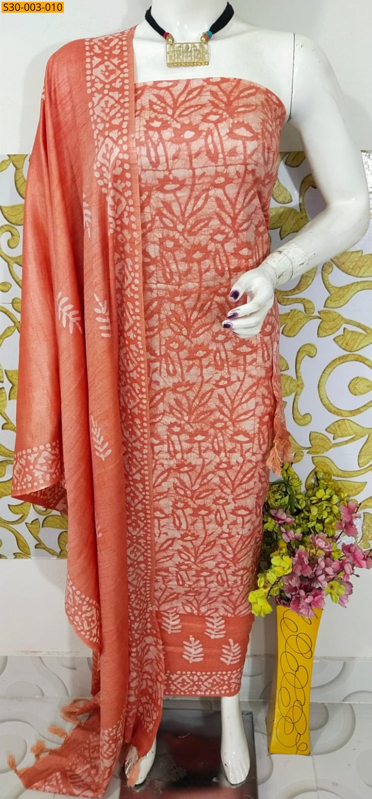 Orange Dupion Slub Batik Printed Suit  