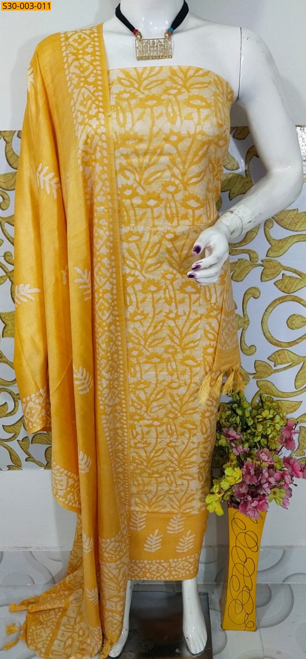 Yellow Dupion Slub Batik Printed Suit  