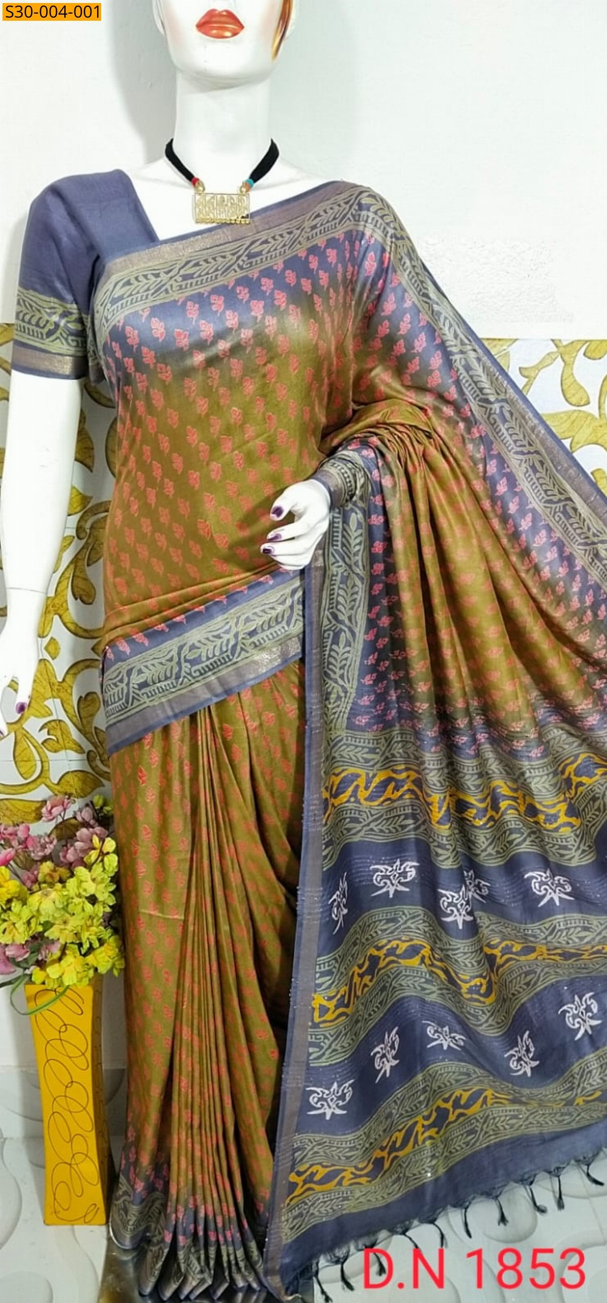 Mehandi Katan Staple Discharge Print Sarees