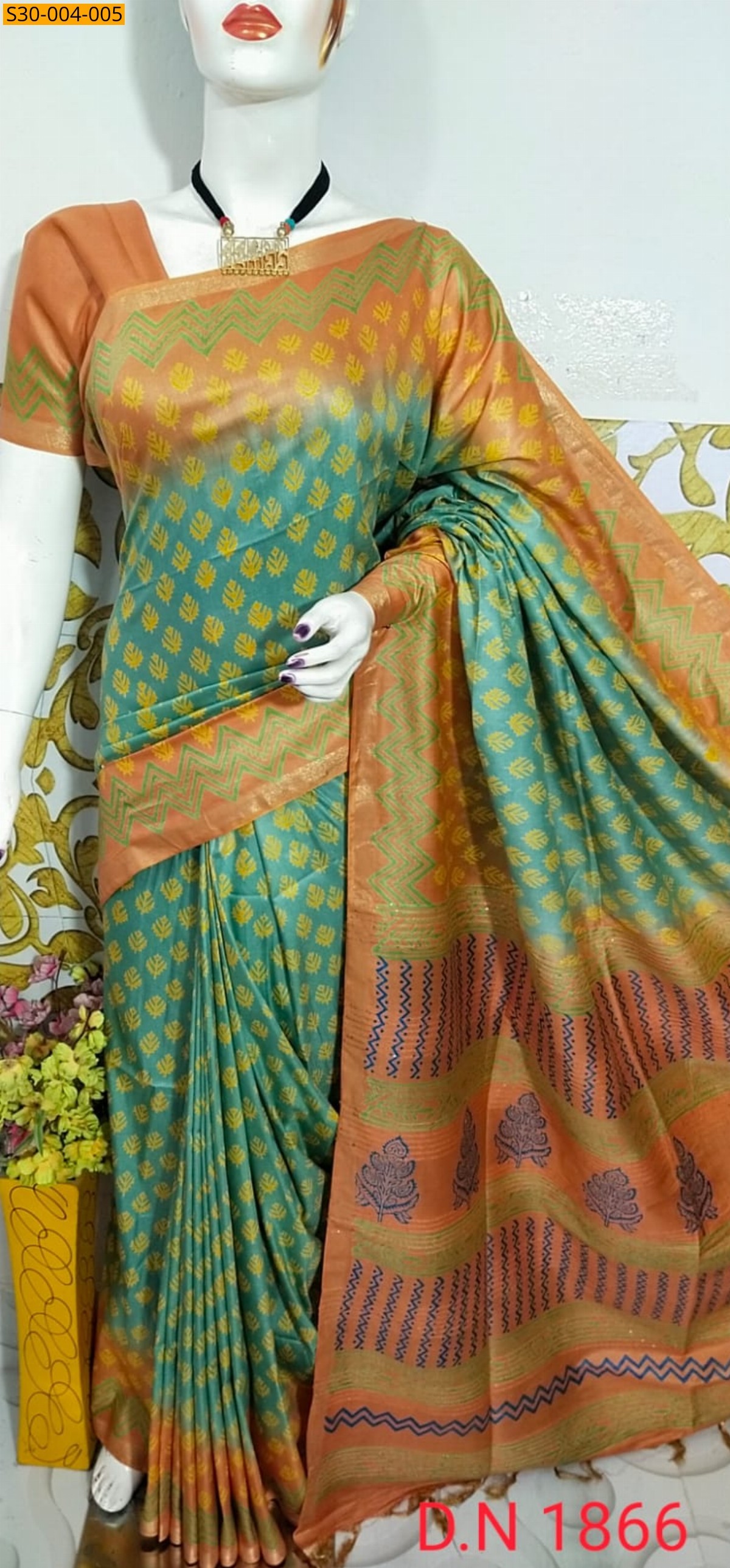 Green Katan Staple Discharge Print Sarees