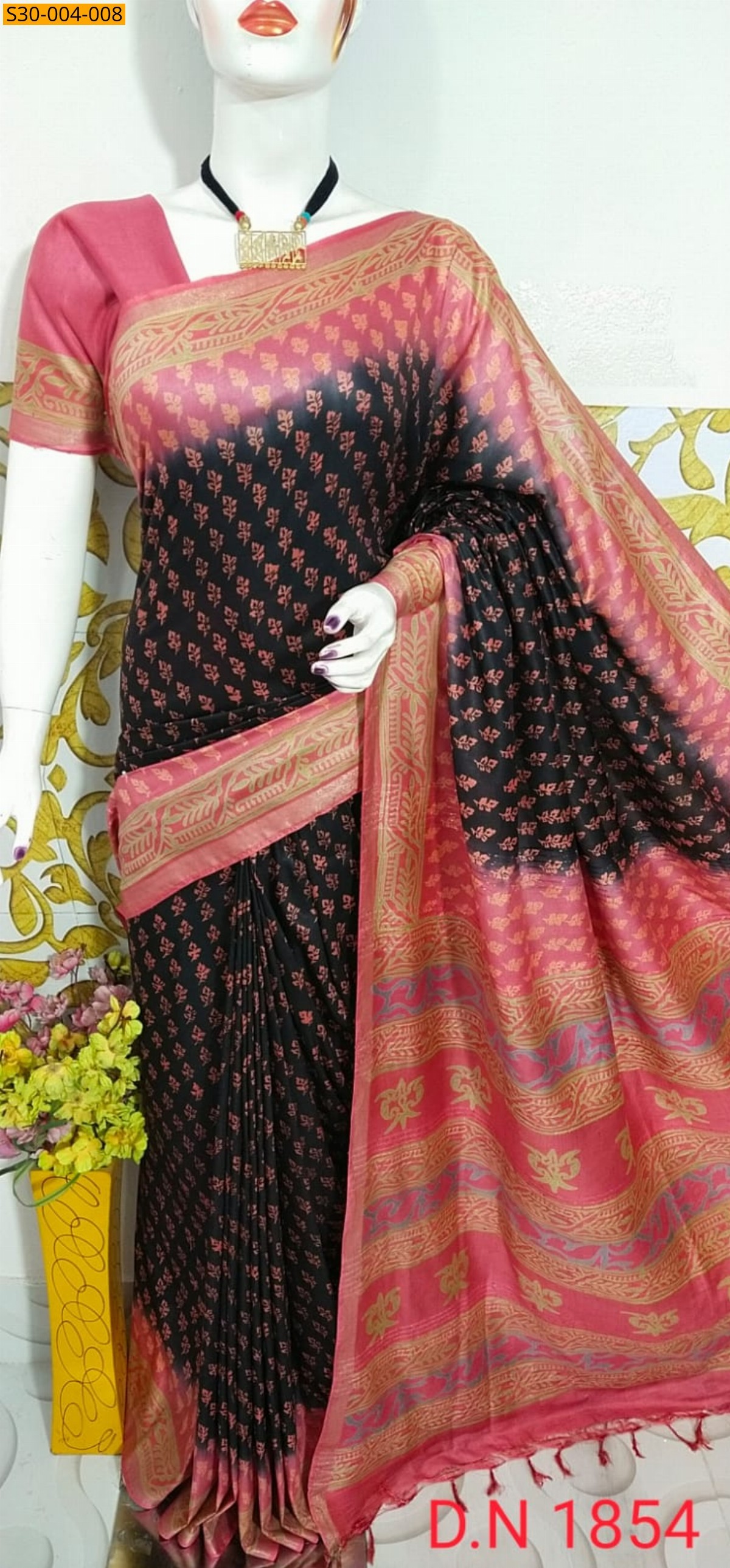 Black Katan Staple Discharge Print Sarees