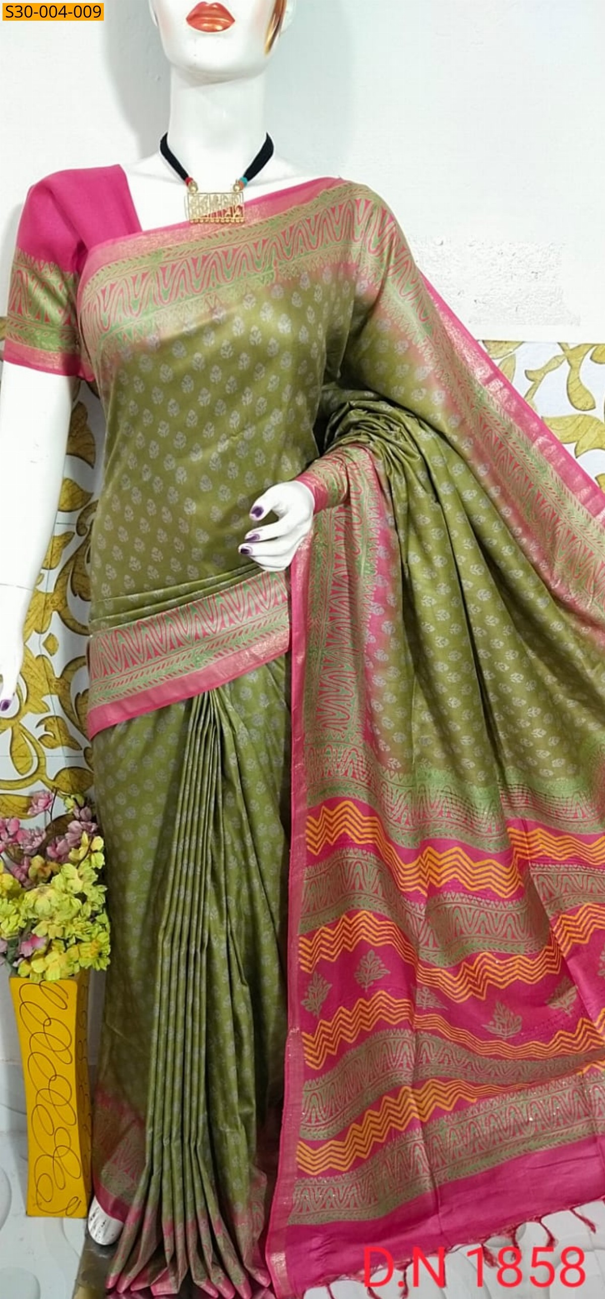 Green Katan Staple Discharge Print Sarees