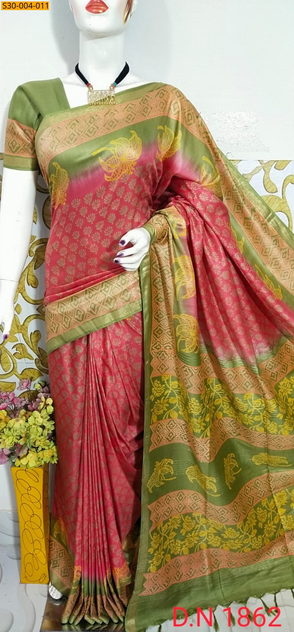 Peach Katan Staple Discharge Print Sarees