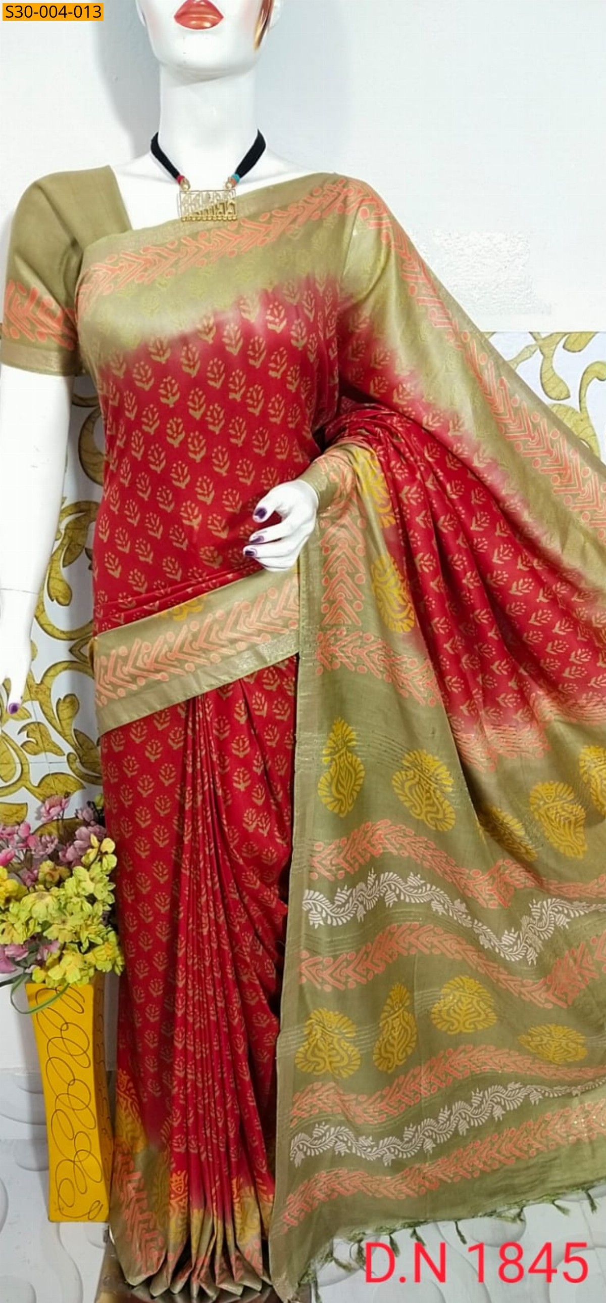 Red Katan Staple Discharge Print Sarees