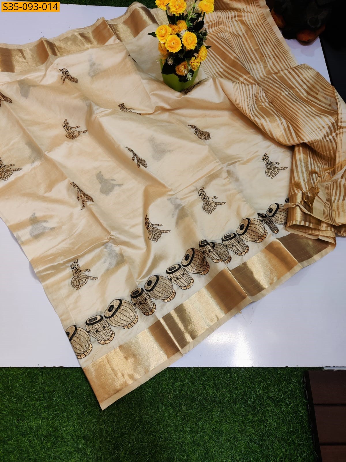 Half White Fancy Tusser Silk  Sarees