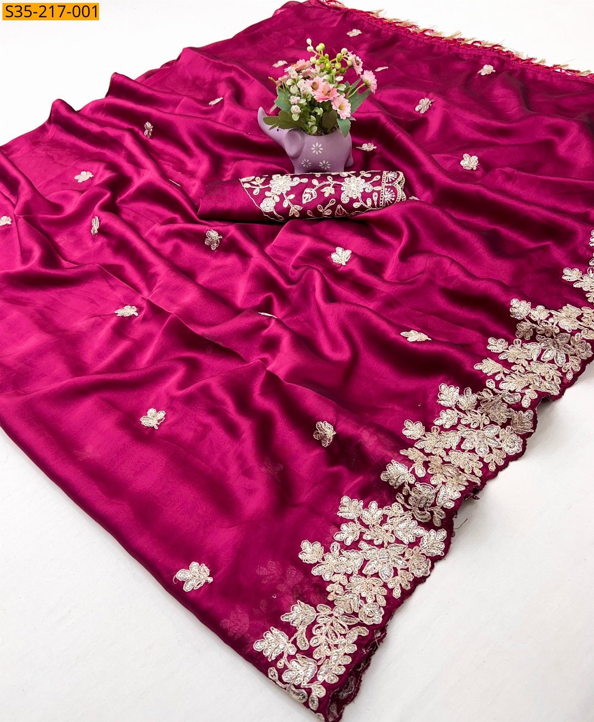 Pink Pure chiffon embroiredered saree