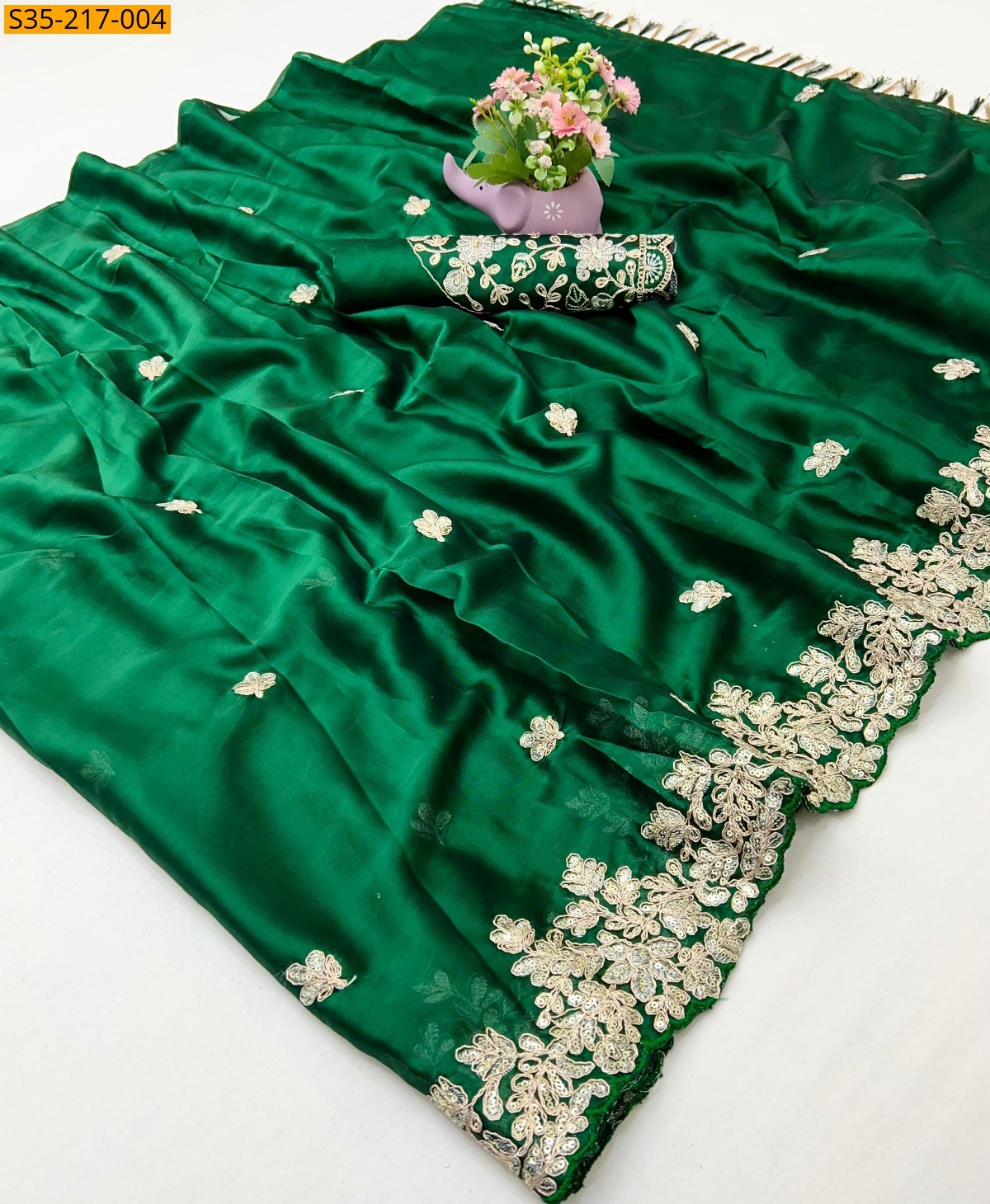 Green Pure chiffon embroiredered saree