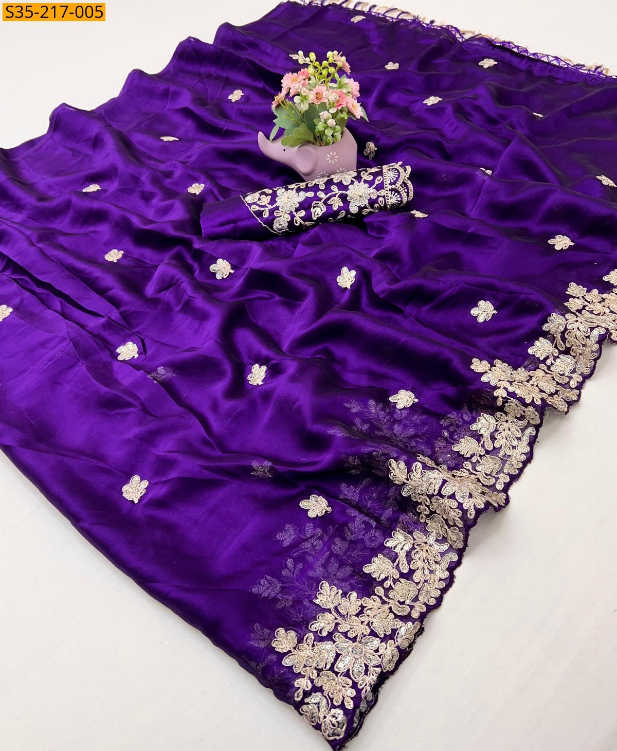 Violet Pure chiffon embroiredered saree