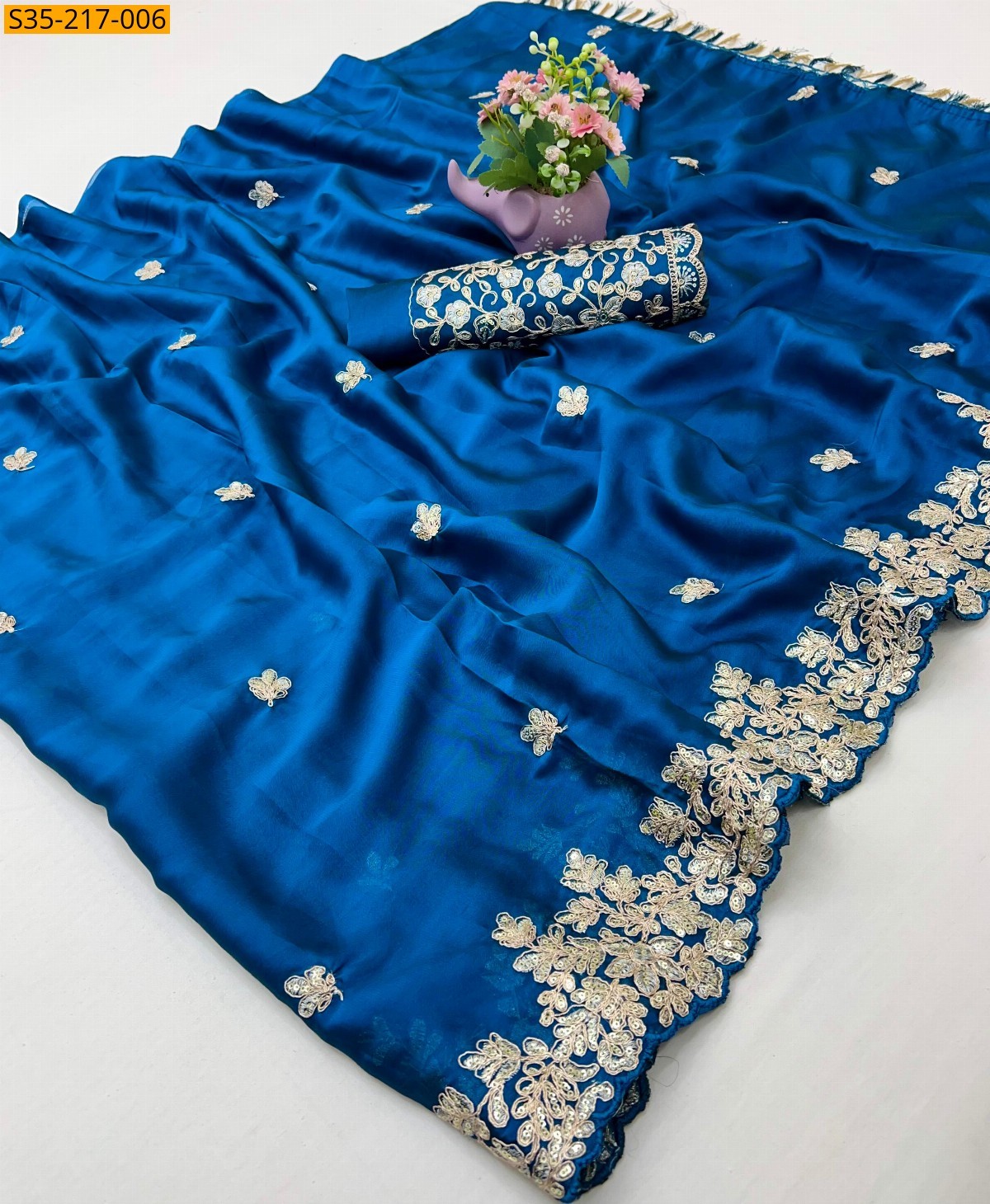 Blue Pure chiffon embroiredered saree