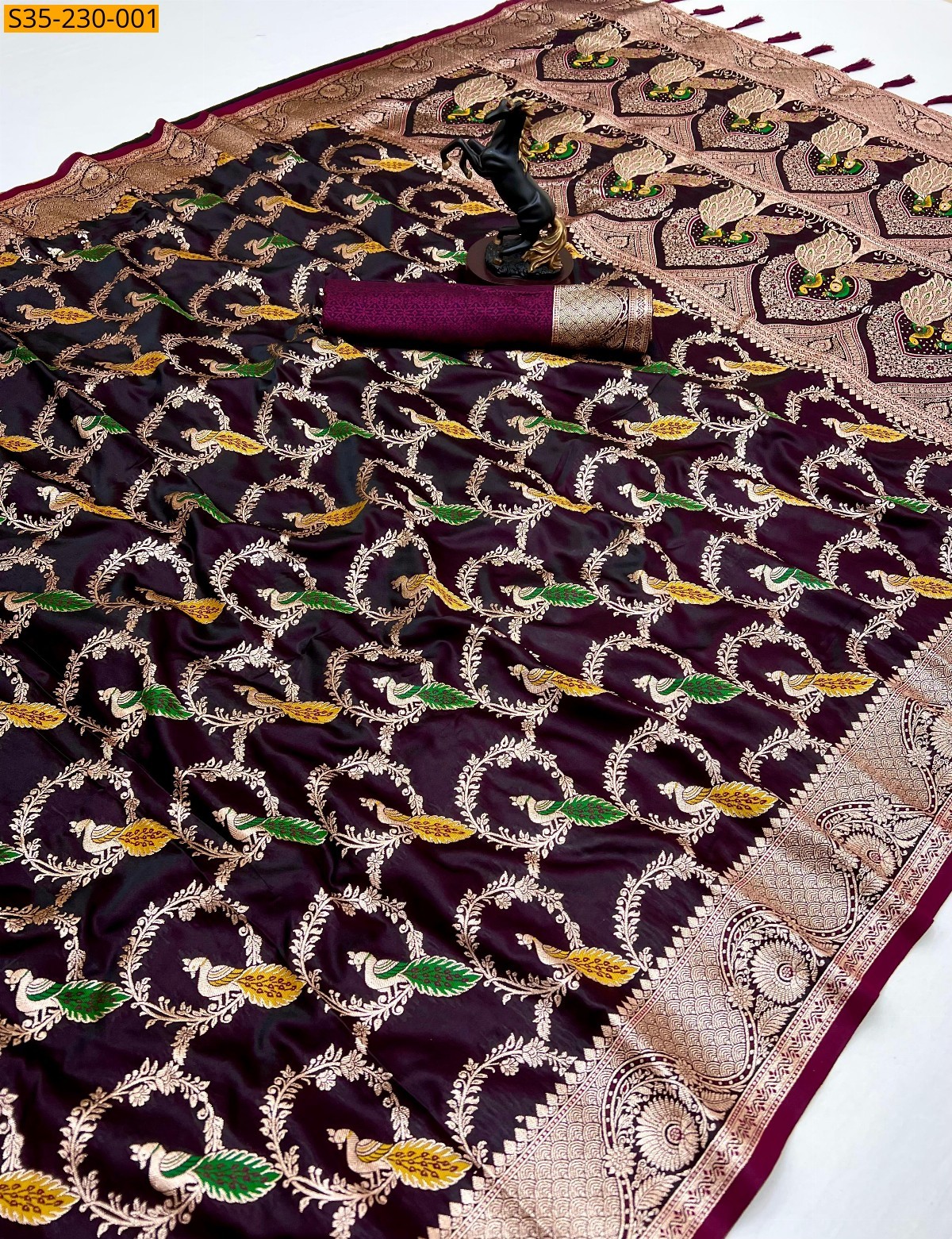 Maroon Banaras Satin silk weaving sarees 
