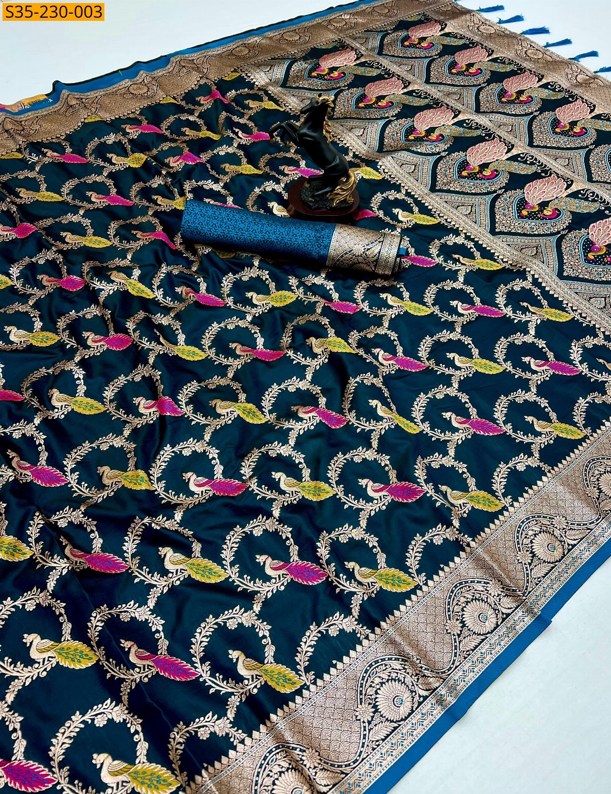 Peacock Blue Banaras Satin silk weaving sarees 