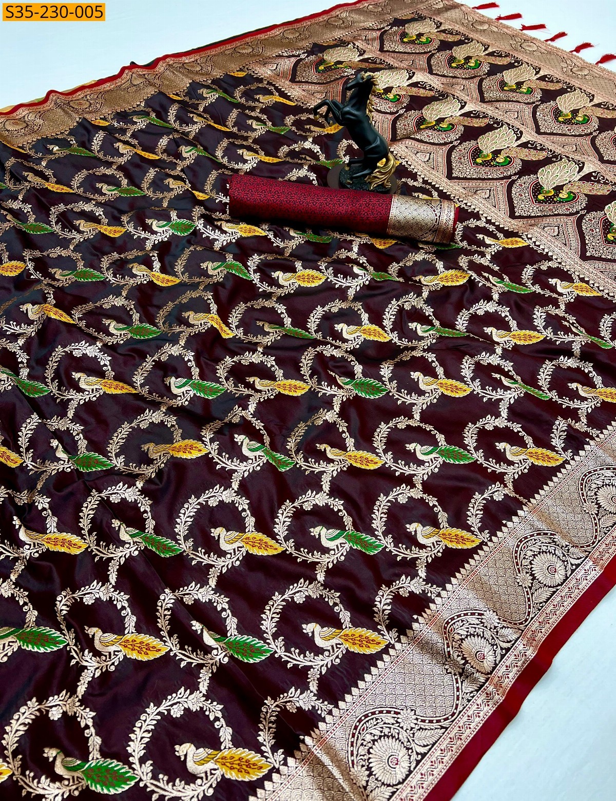 Brown Banaras Satin silk weaving sarees 
