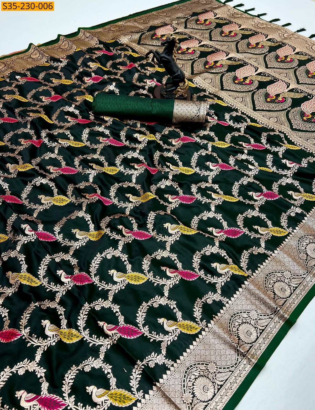 Green Banaras Satin silk weaving sarees 