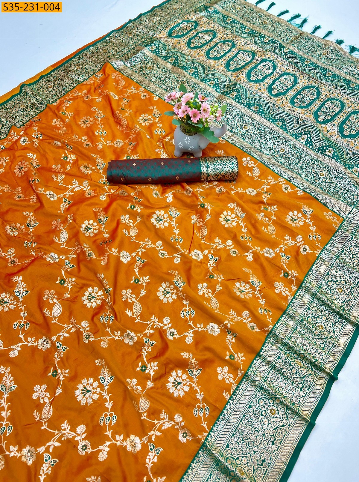 Orange Banarasi Antique Silk Sarees