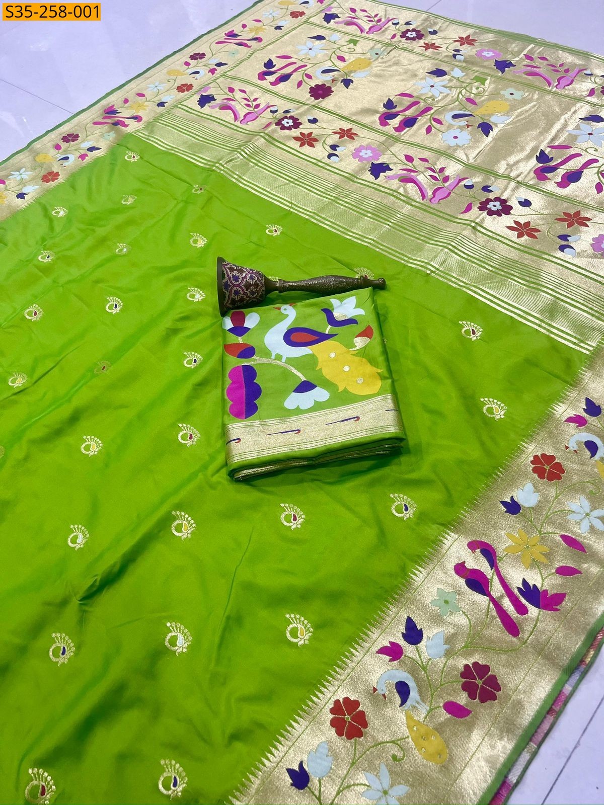 Parrot green Fancy Paithani silk saree 