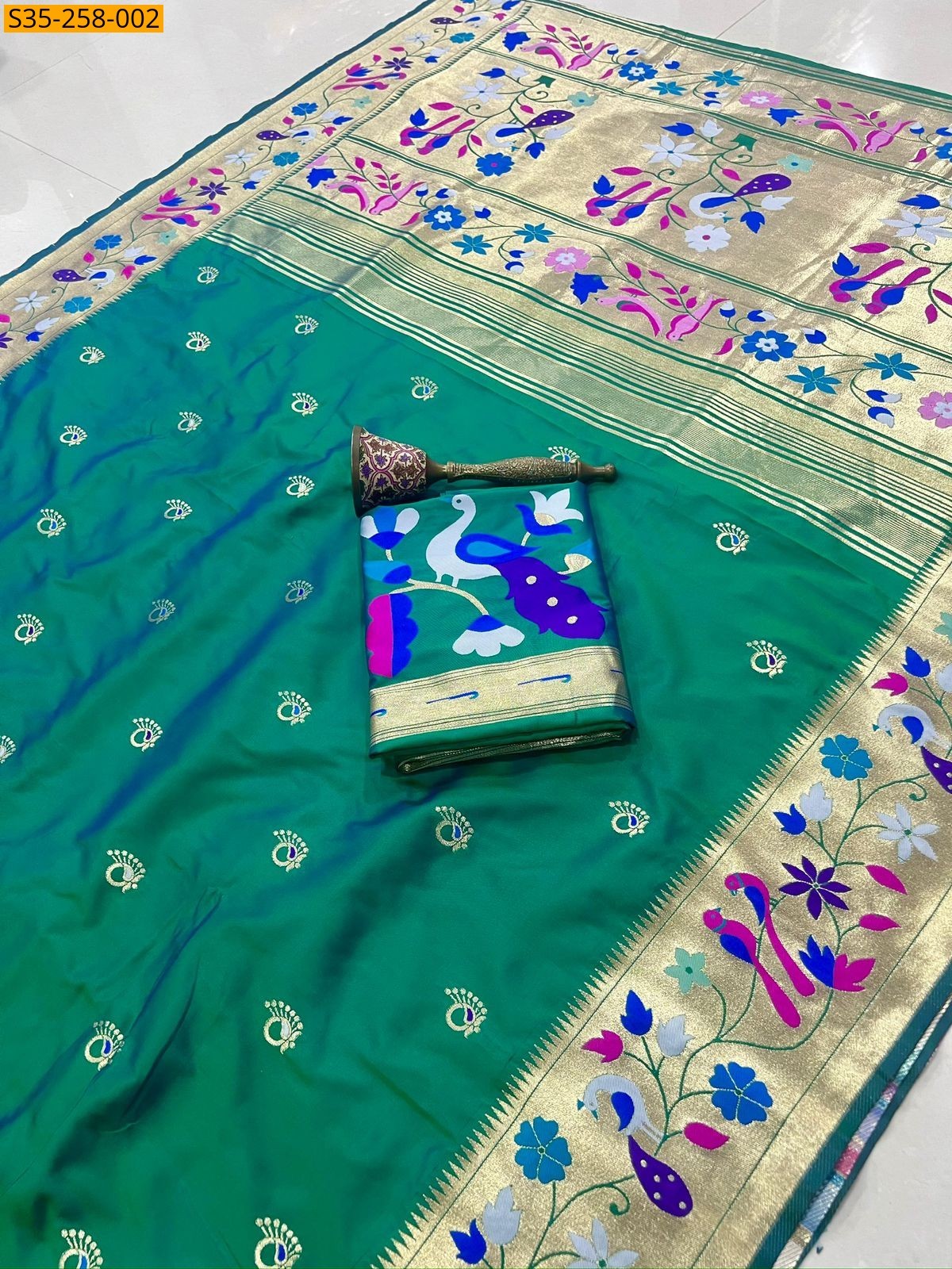 Peacock green Fancy Paithani silk saree 