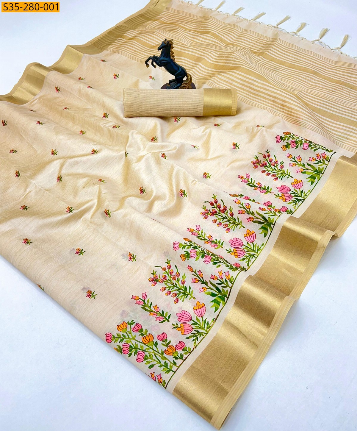 Sandal Fancy  Tissue Kerala Kasavu Sarees
