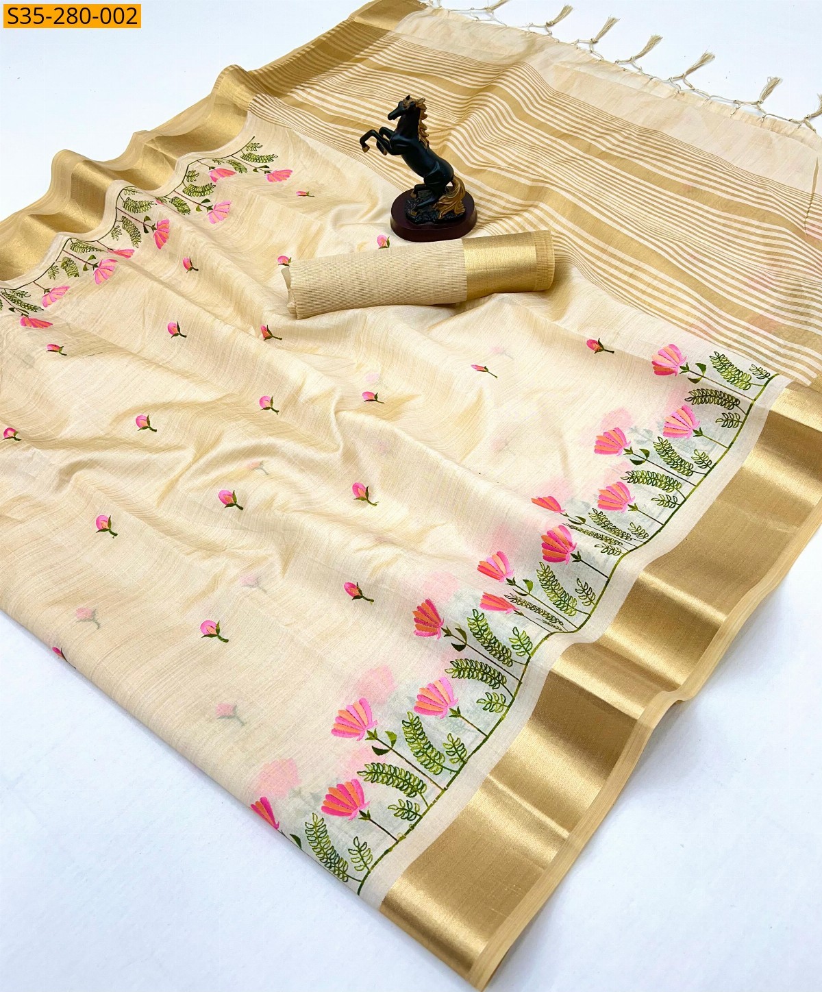 Sandal Fancy  Tissue Kerala Kasavu Sarees