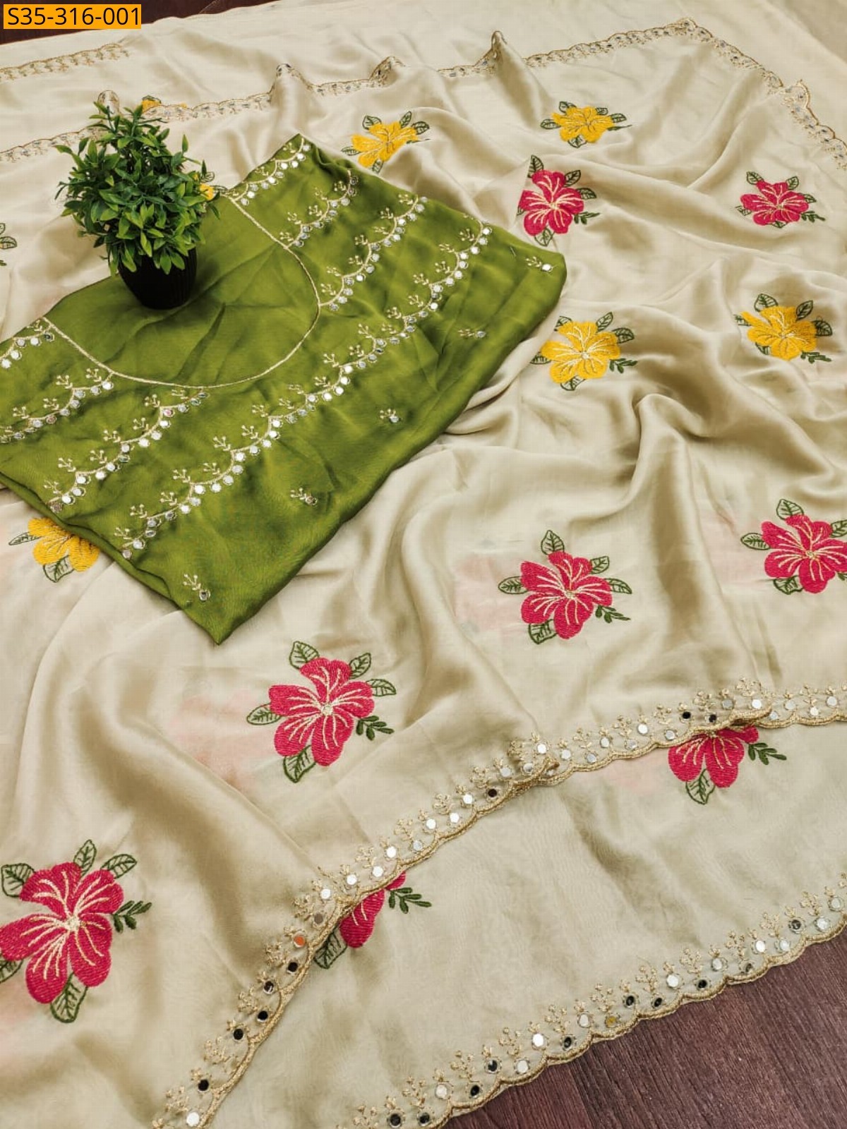 Half white Viscose Rangoli Floral Embroidery Saree