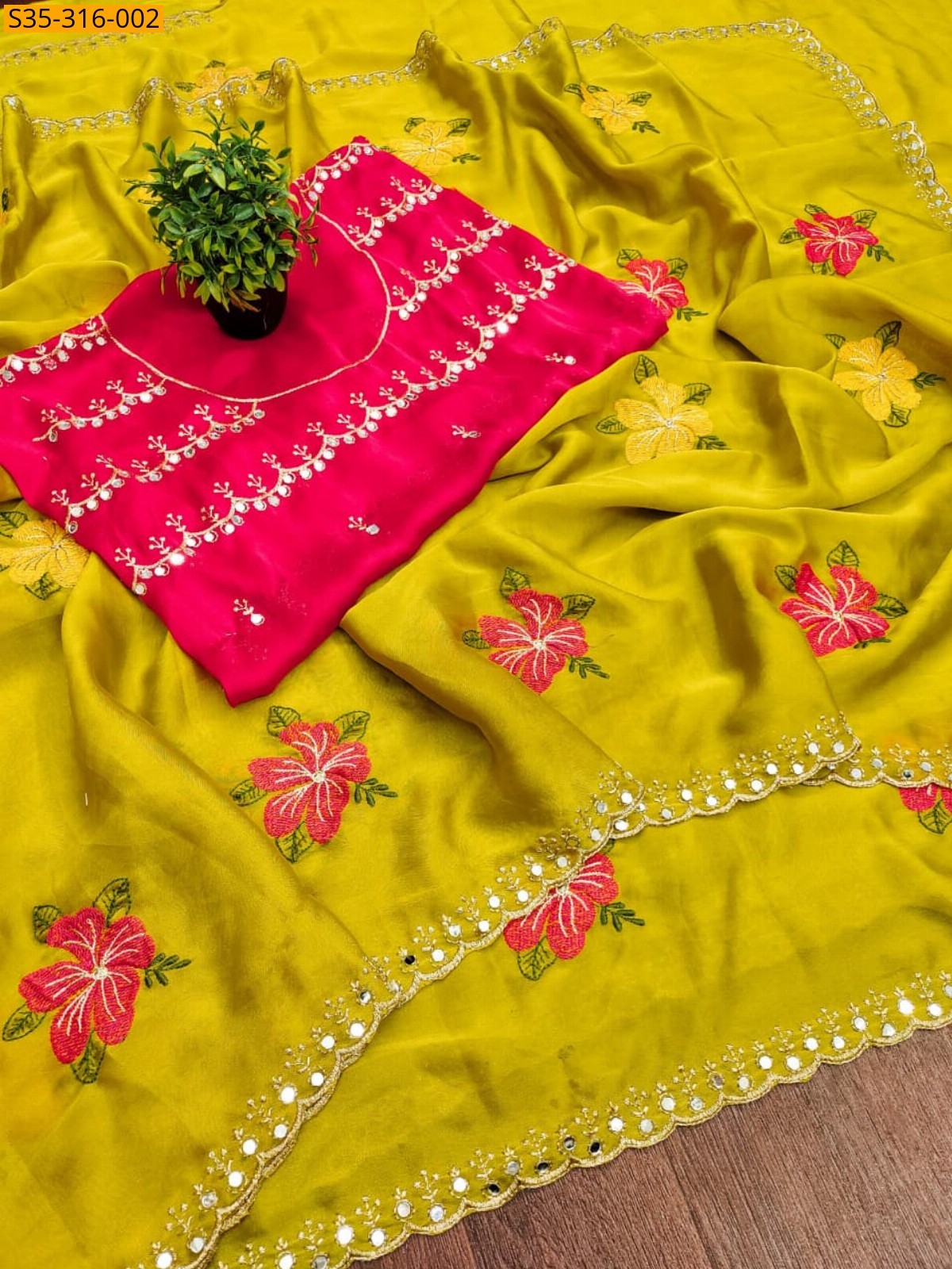 Yellow Viscose Rangoli Floral Embroidery Saree