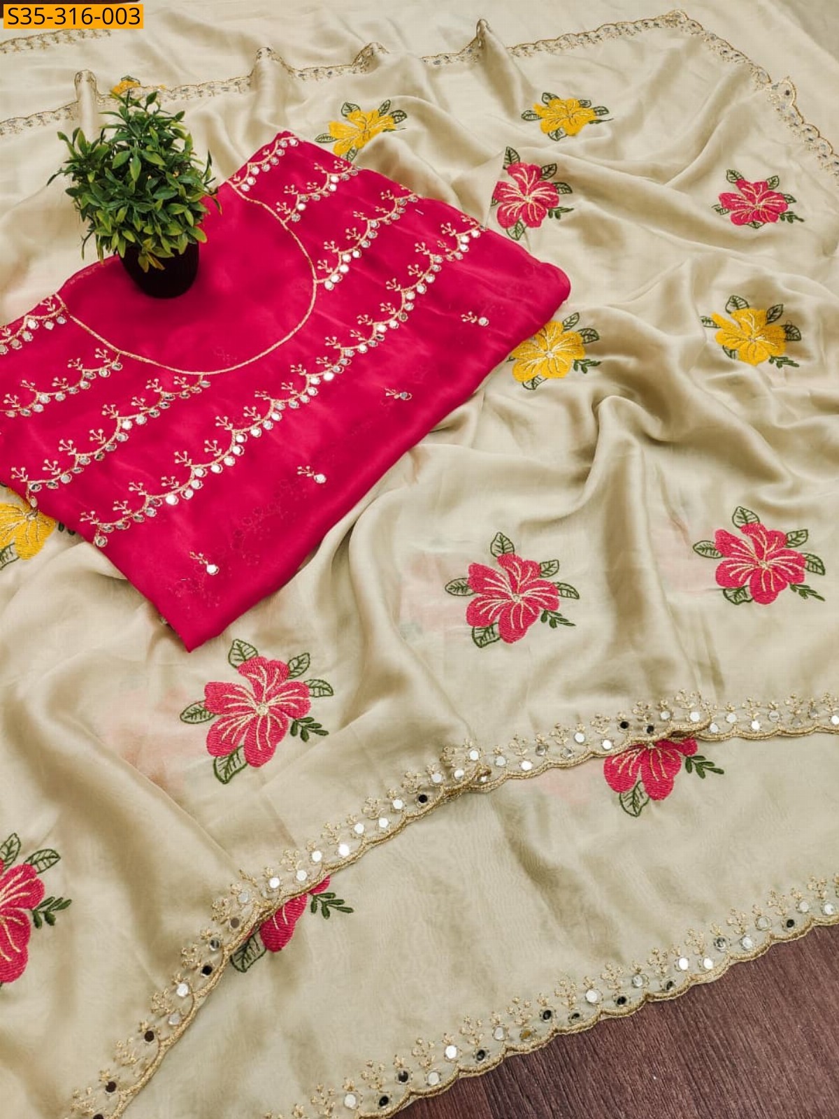 Half white Viscose Rangoli Floral Embroidery Saree