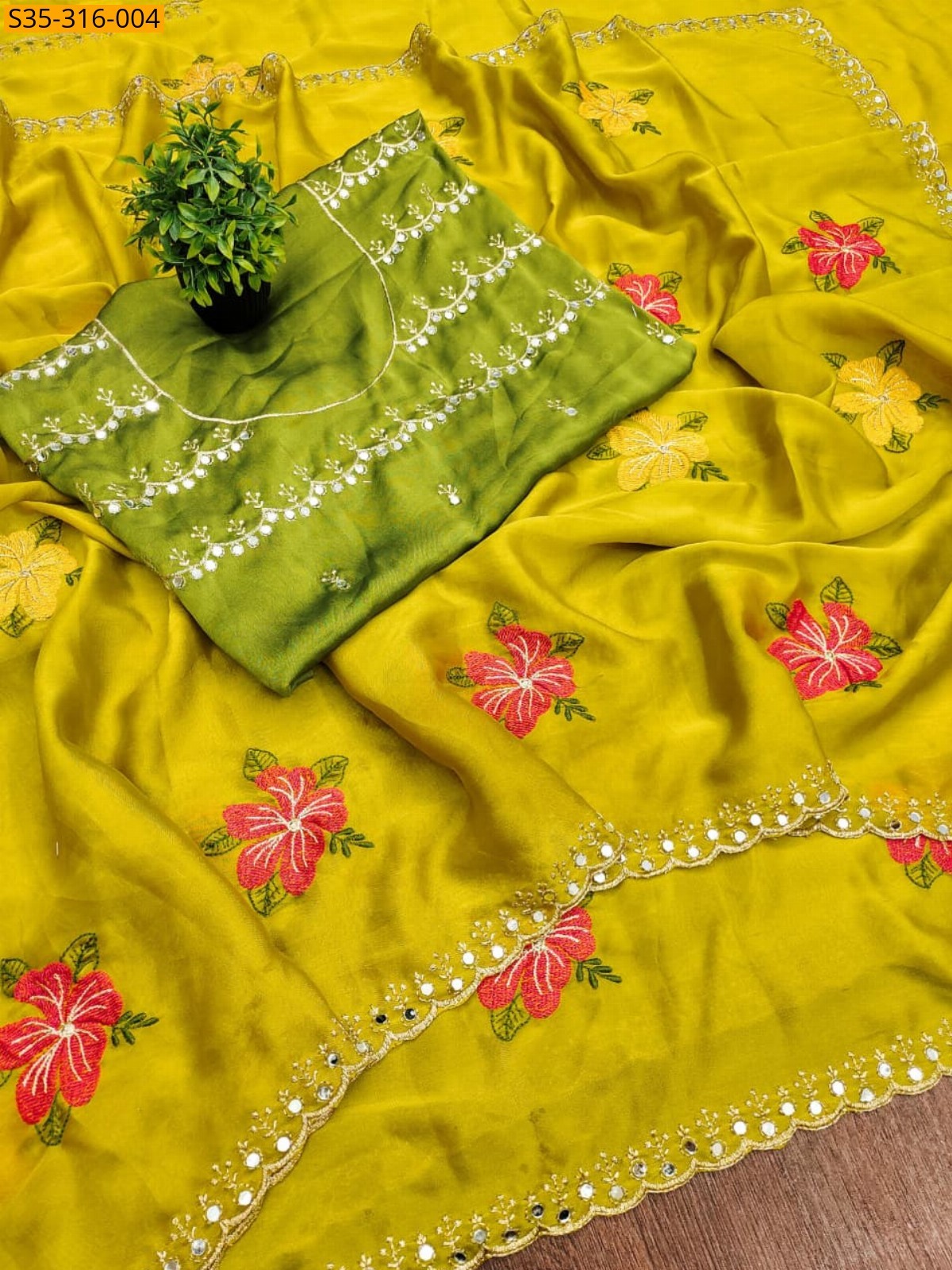 Yellow Viscose Rangoli Floral Embroidery Saree
