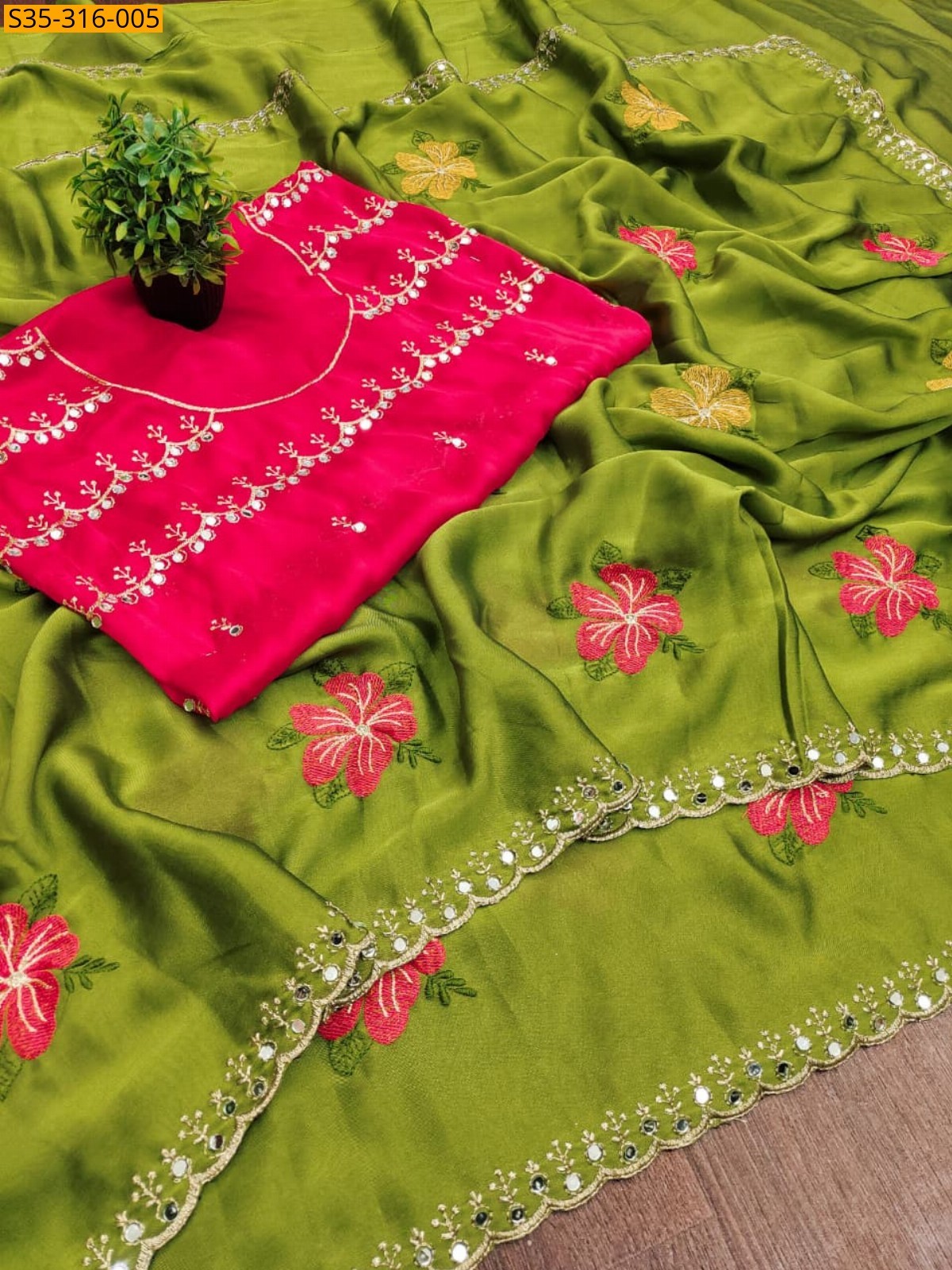 Green Viscose Rangoli Floral Embroidery Saree