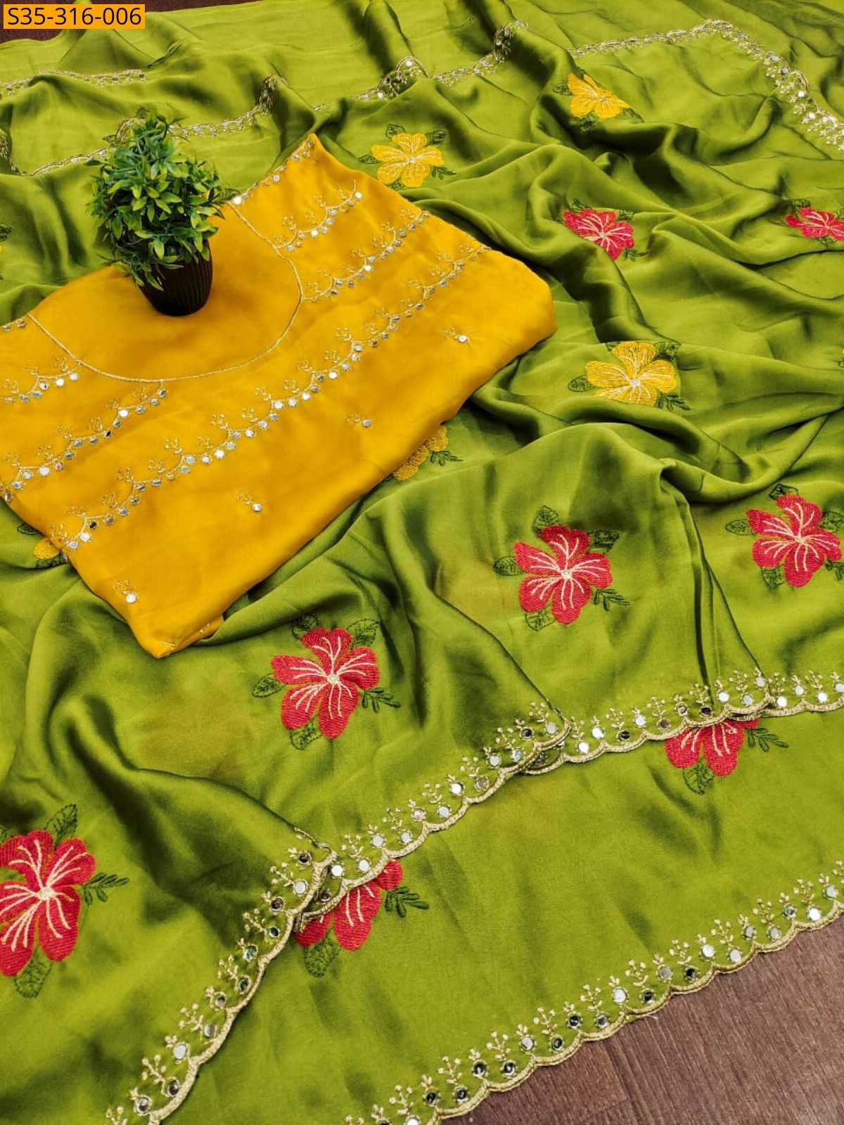 Green Viscose Rangoli Floral Embroidery Saree