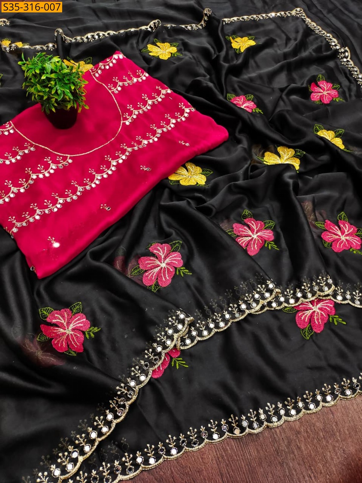 Black Viscose Rangoli Floral Embroidery Saree