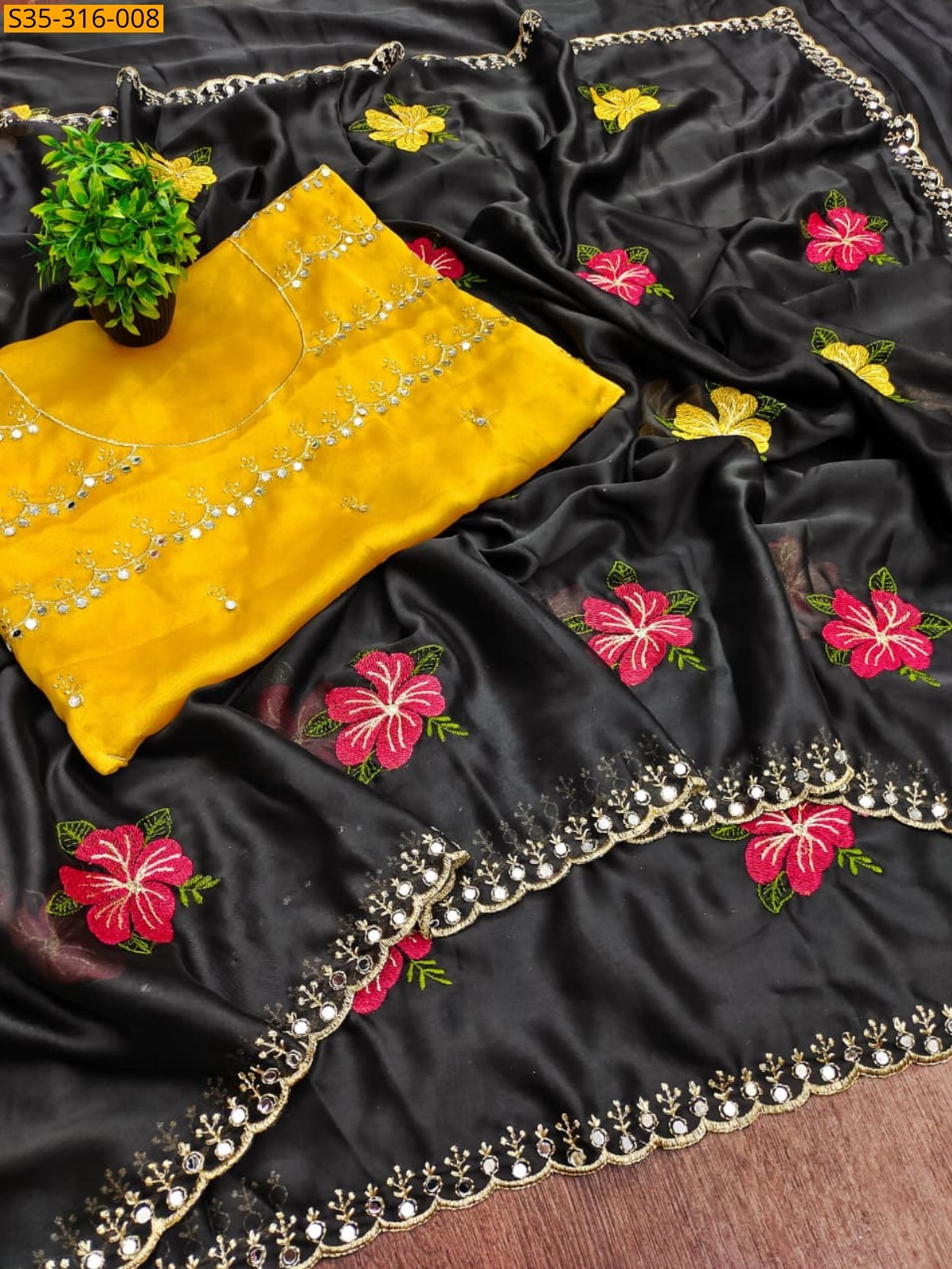 Black Viscose Rangoli Floral Embroidery Saree