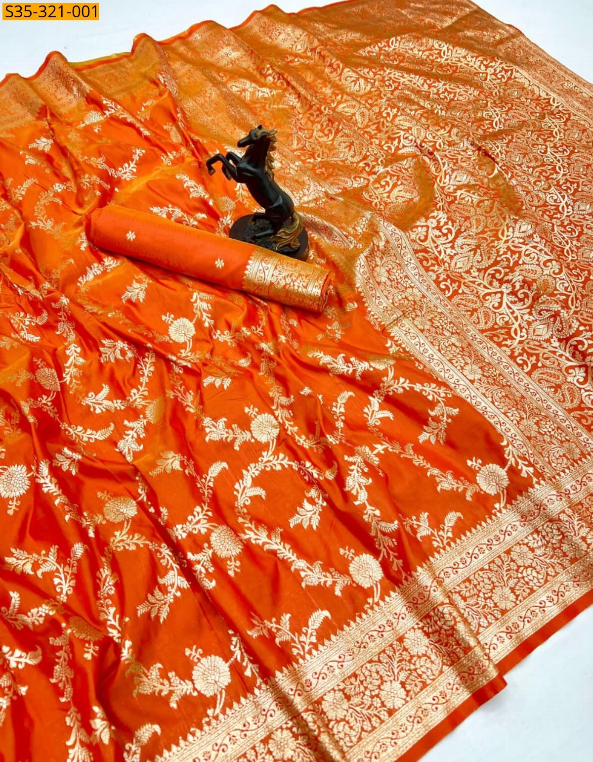 Orange Banarasi soft silk saree