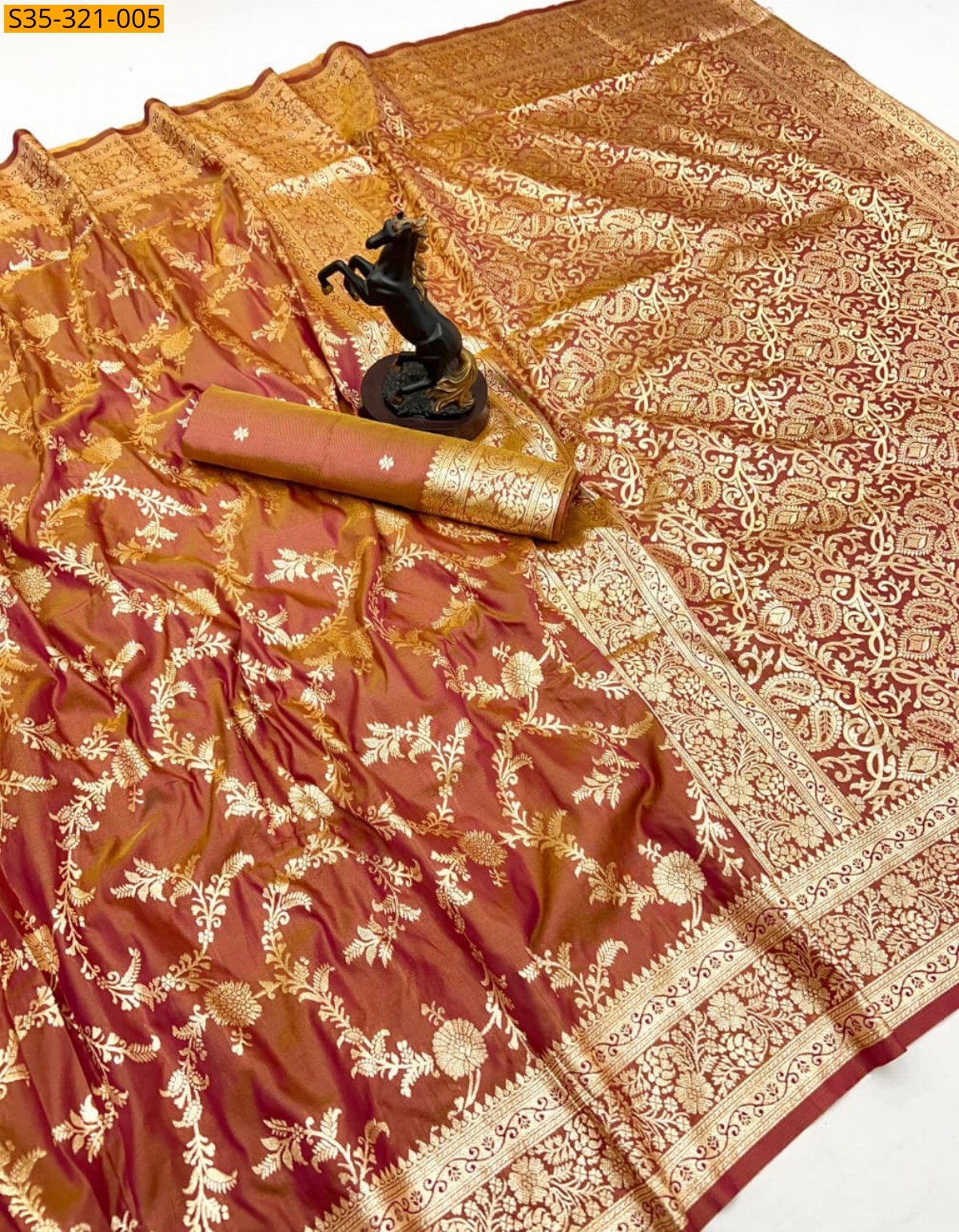 Orange Banarasi soft silk saree