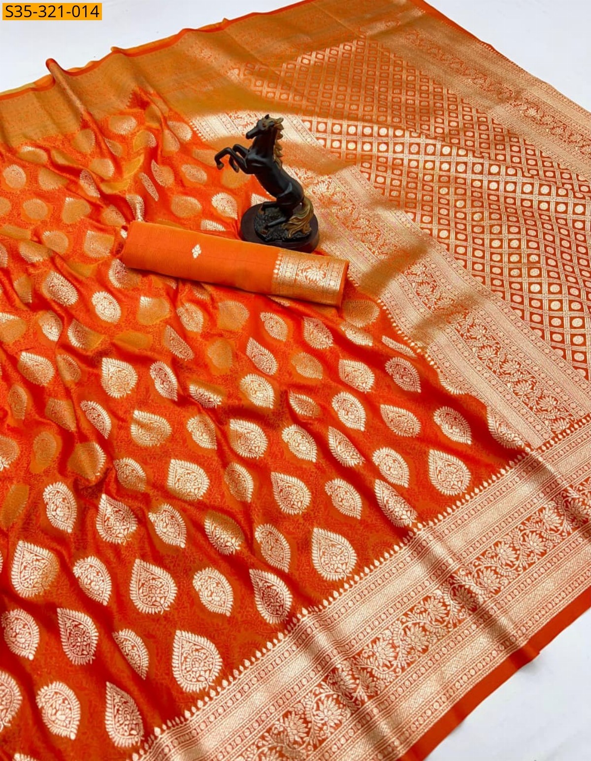 Orange Banarasi soft silk saree