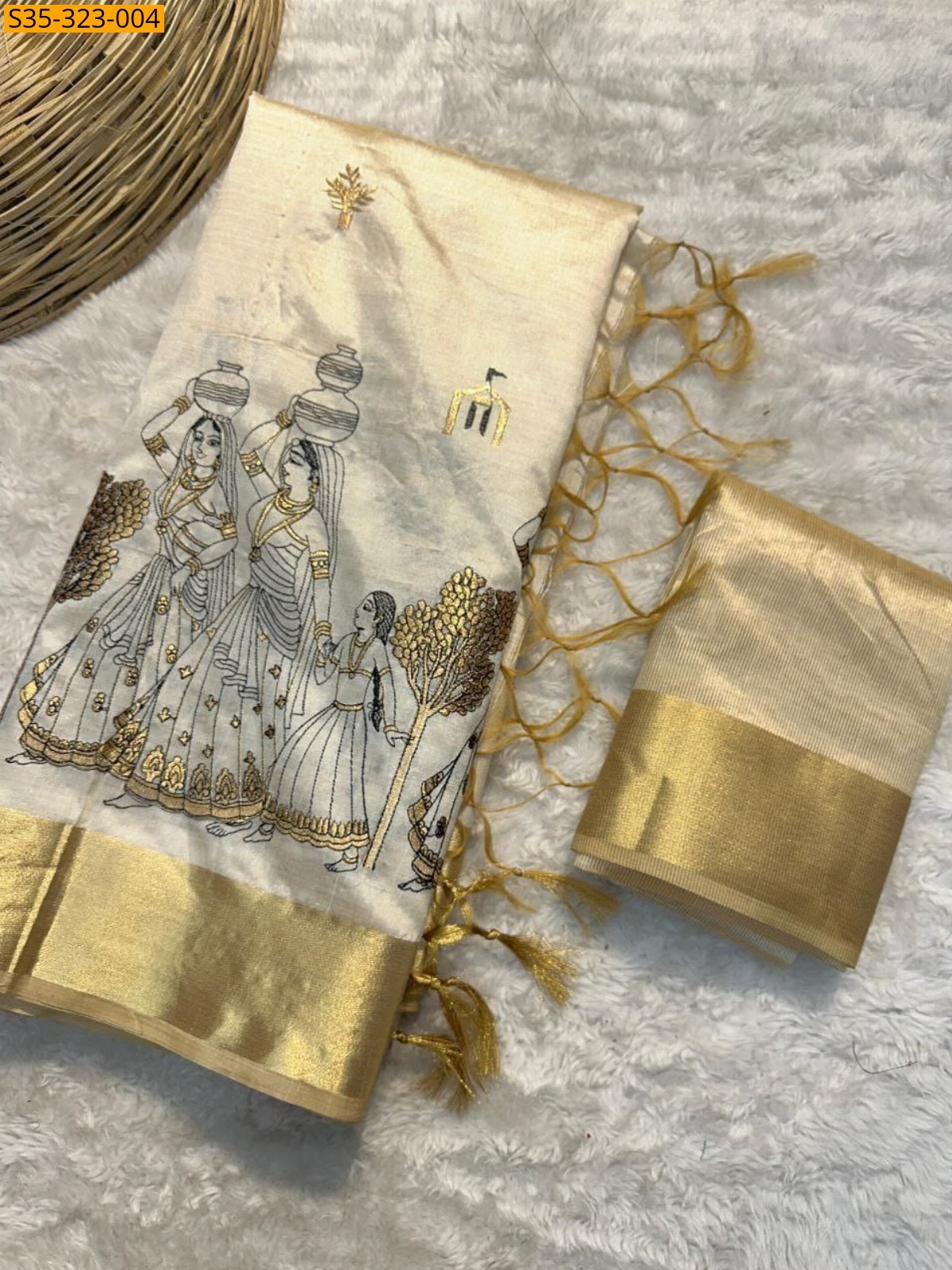 Half white Fancy Tussar silk saree