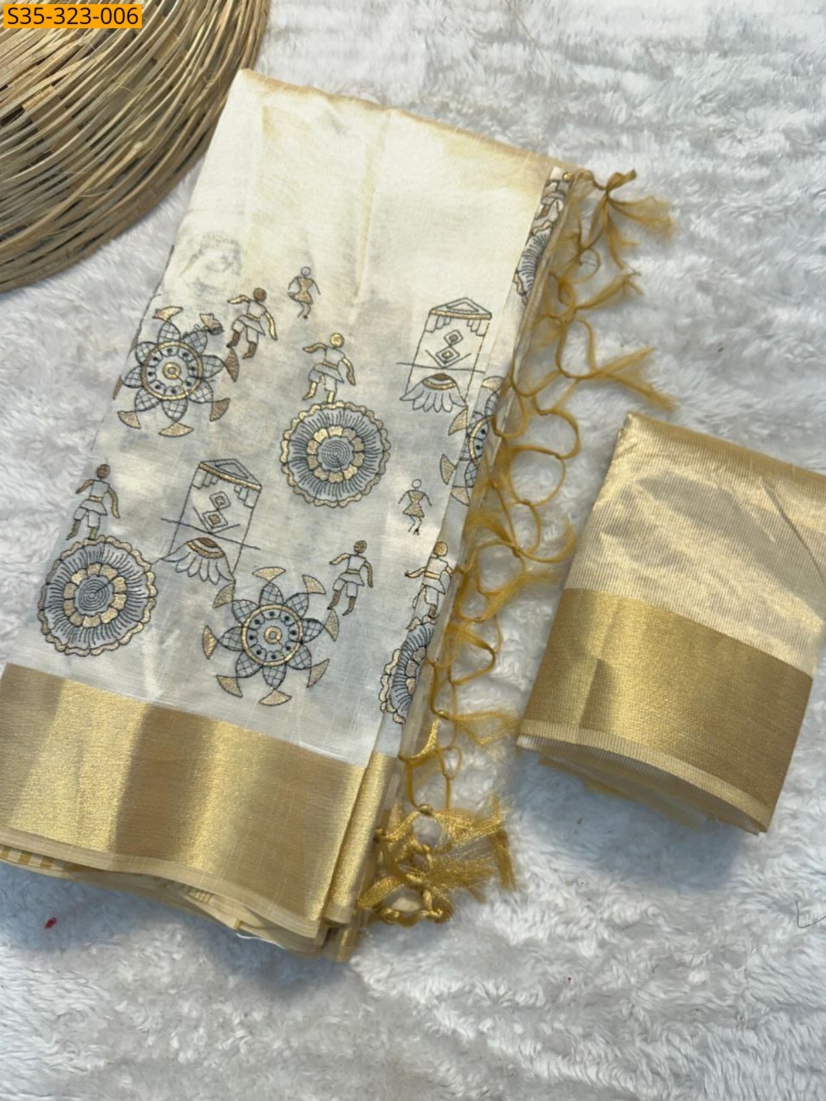 Half white Fancy Tussar silk saree