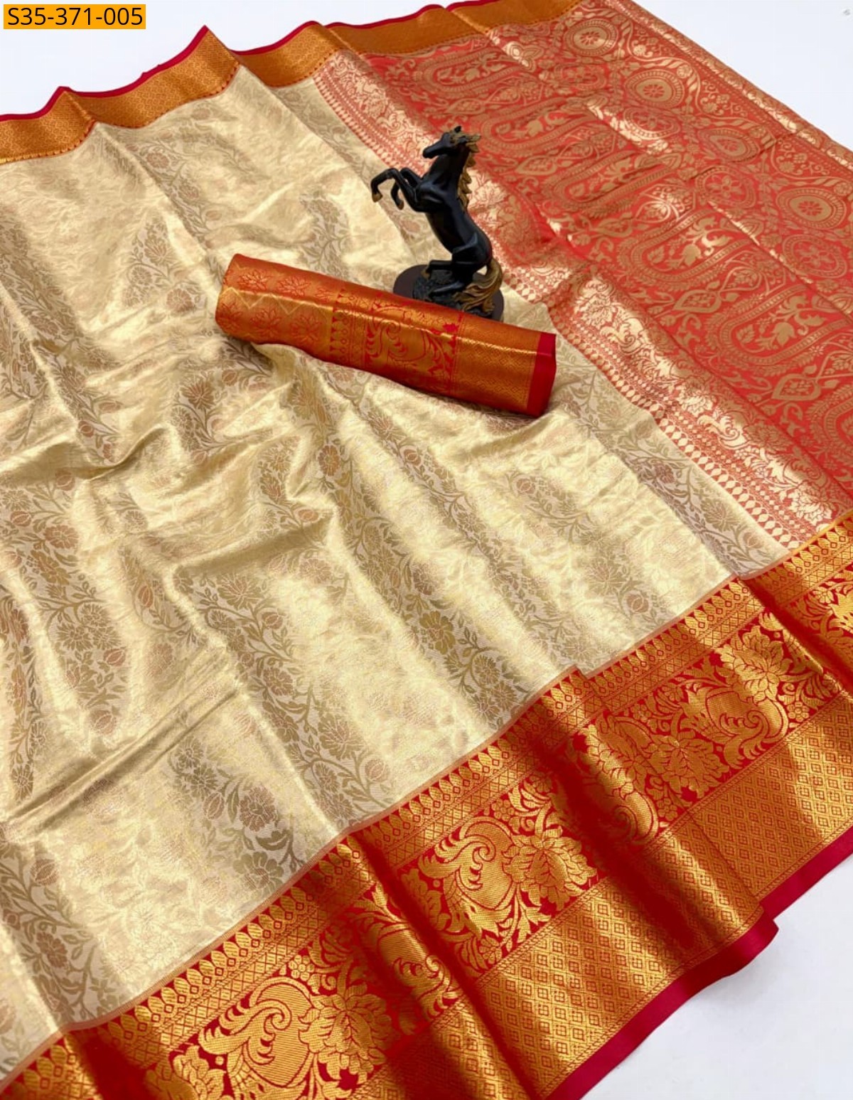 Half White With Orange Fancy Kanchipuram Silk Saree